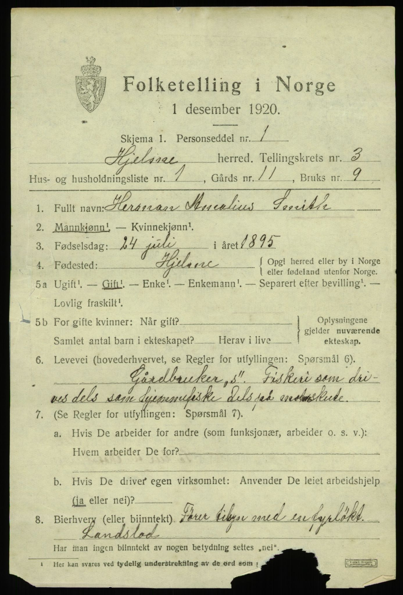 SAB, 1920 census for Hjelme, 1920, p. 1934