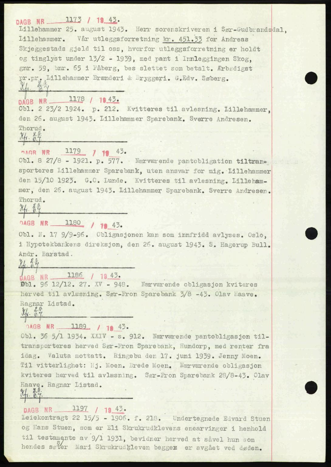 Sør-Gudbrandsdal tingrett, SAH/TING-004/H/Hb/Hbf/L0002: Mortgage book no. C1, 1938-1951, Diary no: : 1173/1943