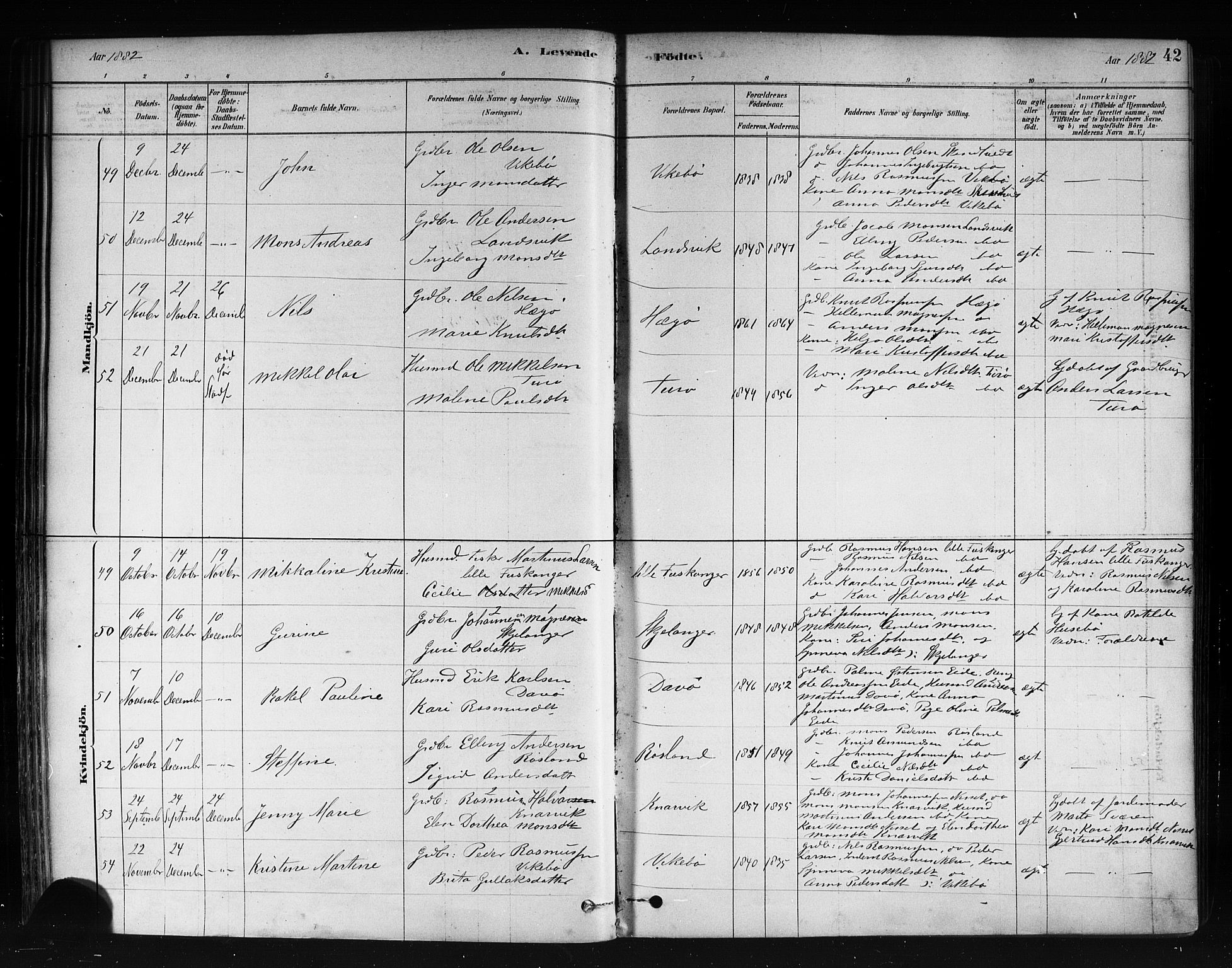Herdla Sokneprestembete, AV/SAB-A-75701/H/Haa: Parish register (official) no. A 3, 1878-1890, p. 42