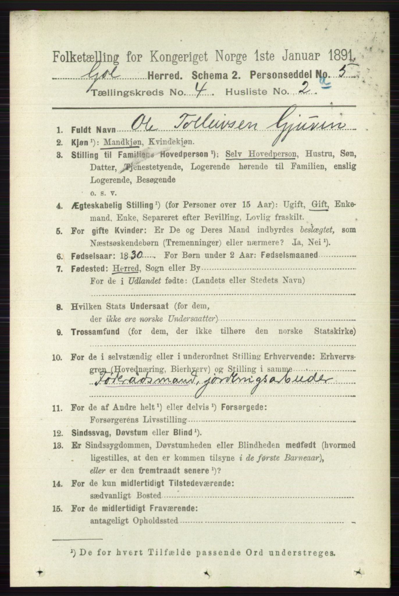 RA, 1891 census for 0617 Gol og Hemsedal, 1891, p. 1827