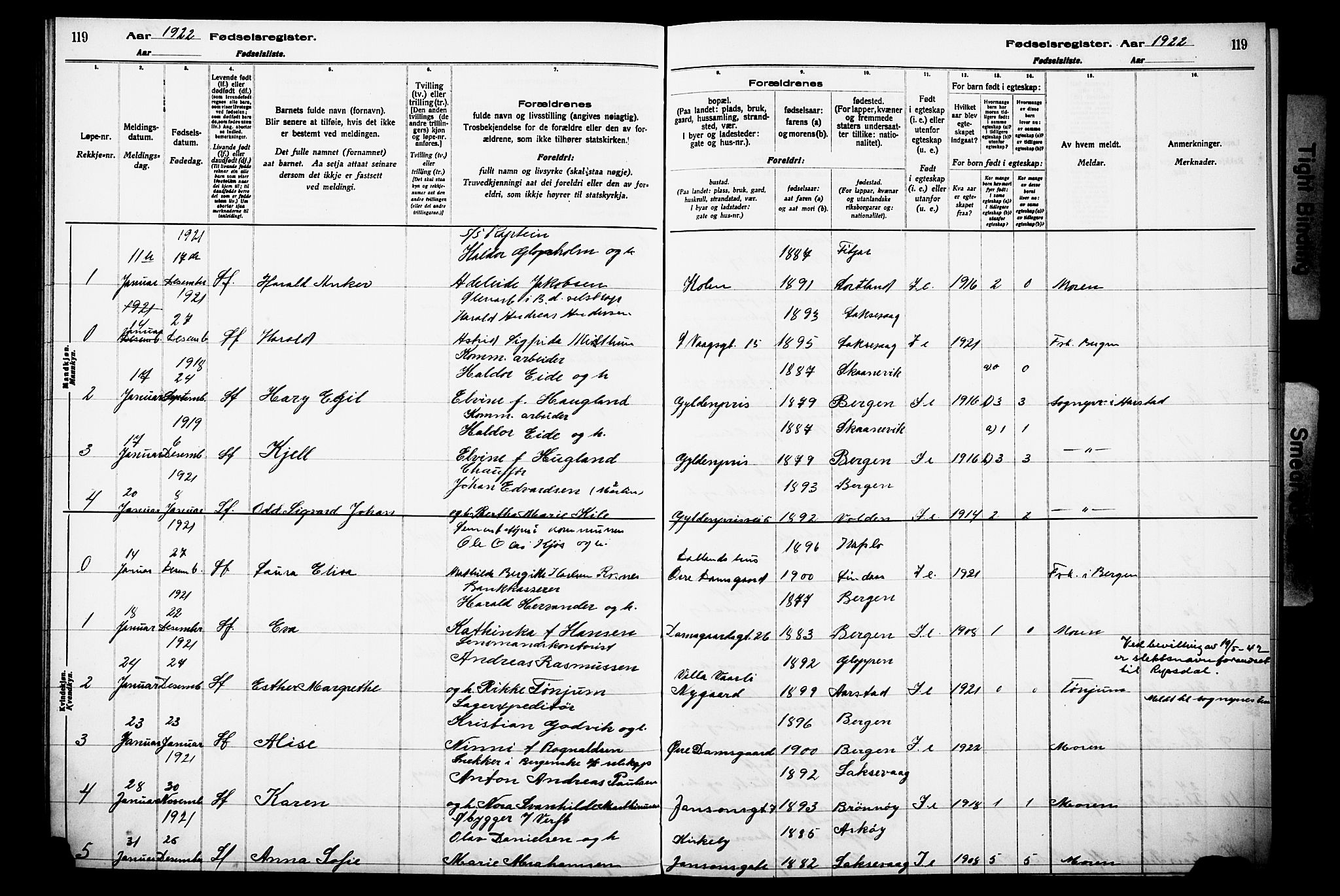 Laksevåg Sokneprestembete, AV/SAB-A-76501/I/Id/L00A1: Birth register no. A 1, 1916-1926, p. 119