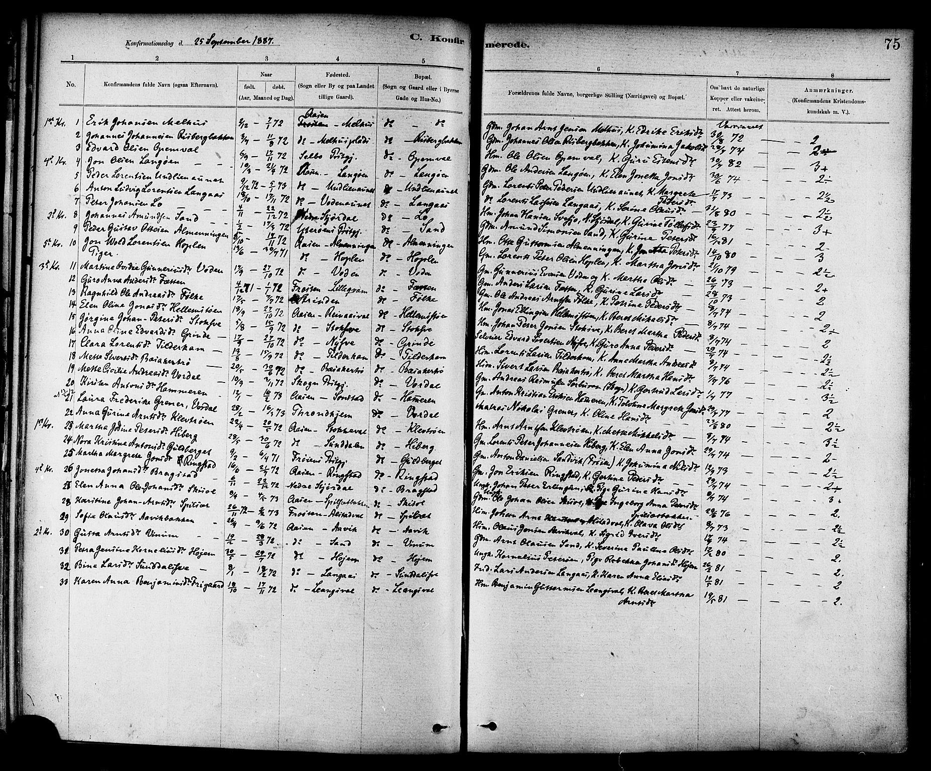 Ministerialprotokoller, klokkerbøker og fødselsregistre - Nord-Trøndelag, AV/SAT-A-1458/714/L0130: Parish register (official) no. 714A01, 1878-1895, p. 75
