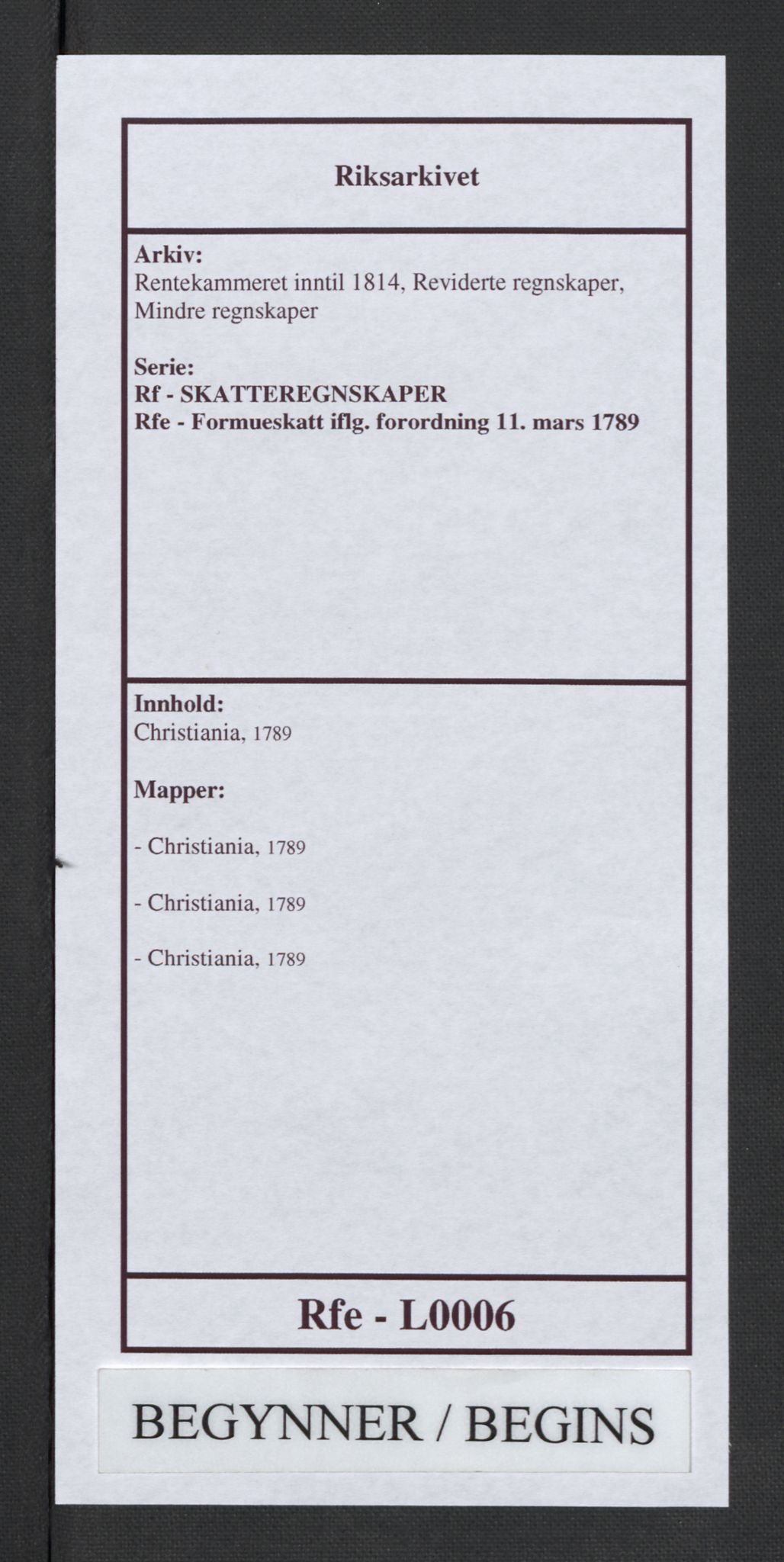 Rentekammeret inntil 1814, Reviderte regnskaper, Mindre regnskaper, AV/RA-EA-4068/Rf/Rfe/L0006: Christiania, 1789, p. 1