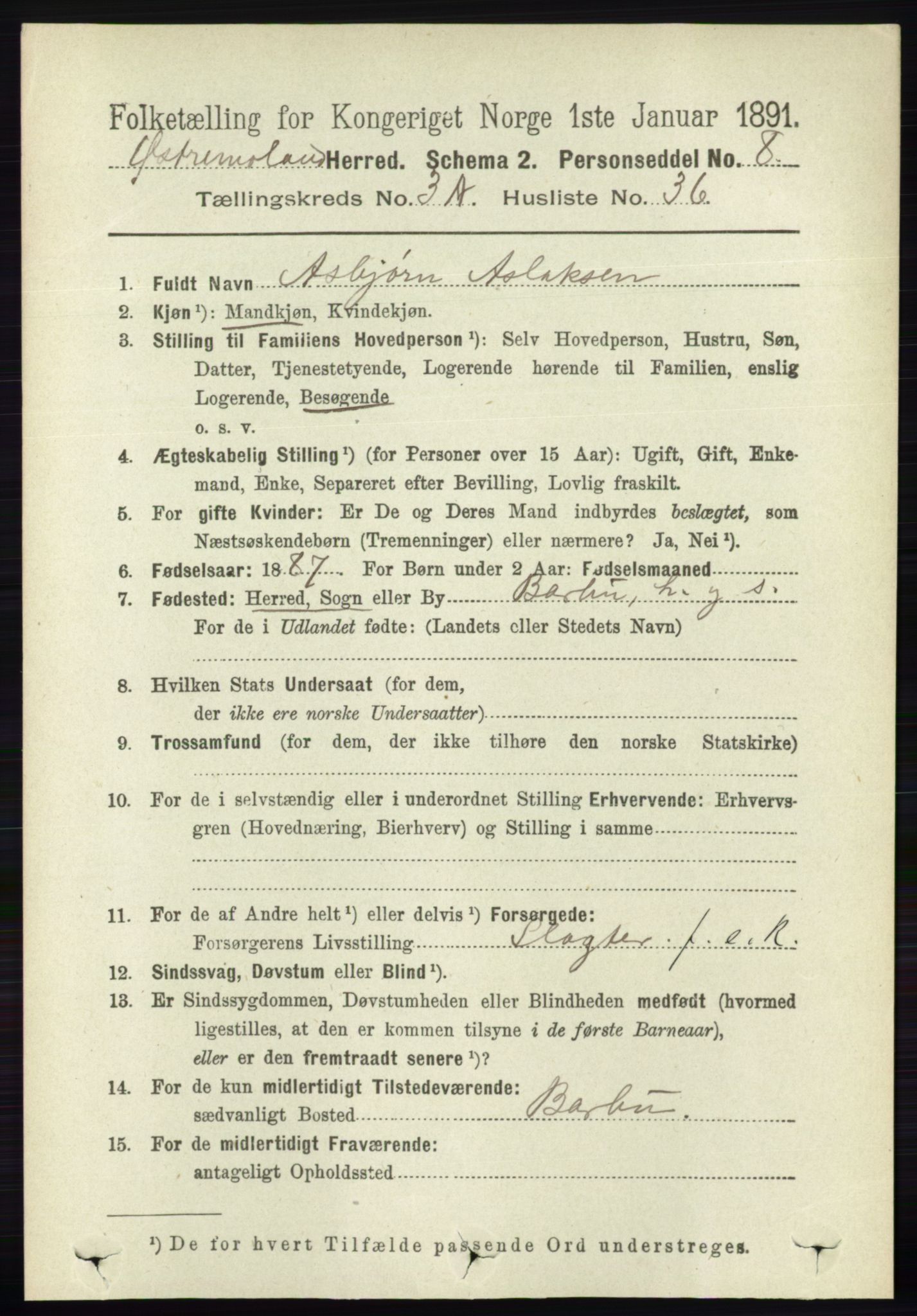 RA, 1891 census for 0918 Austre Moland, 1891, p. 1573