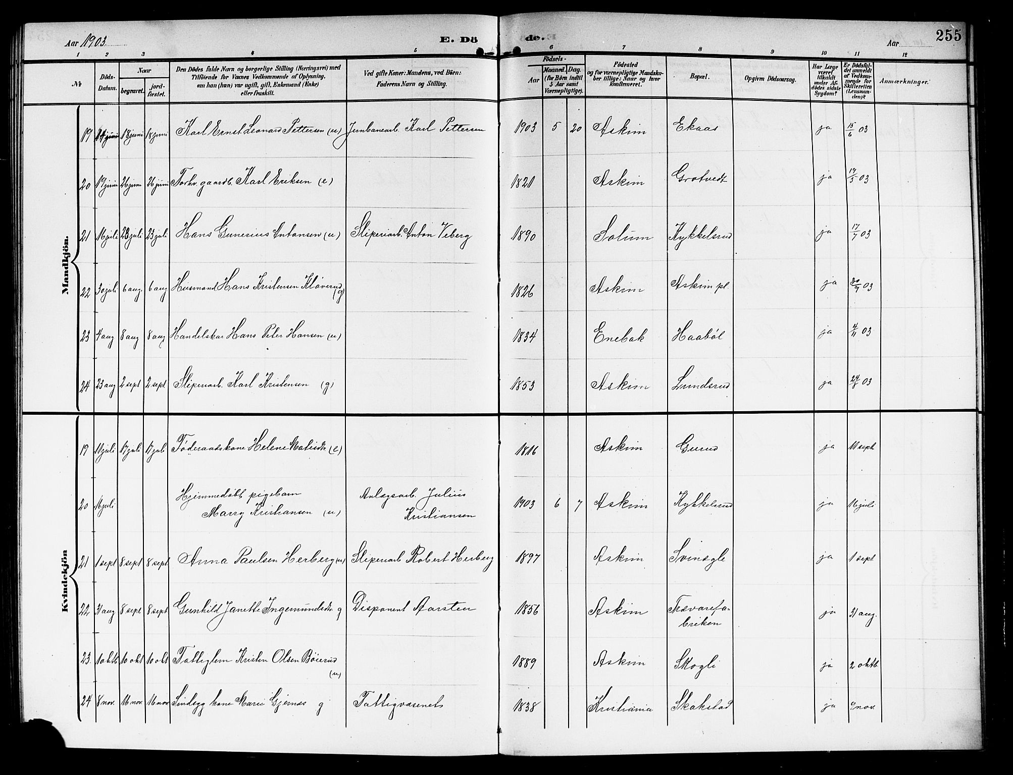 Askim prestekontor Kirkebøker, SAO/A-10900/G/Ga/L0002: Parish register (copy) no. 2, 1903-1921, p. 255