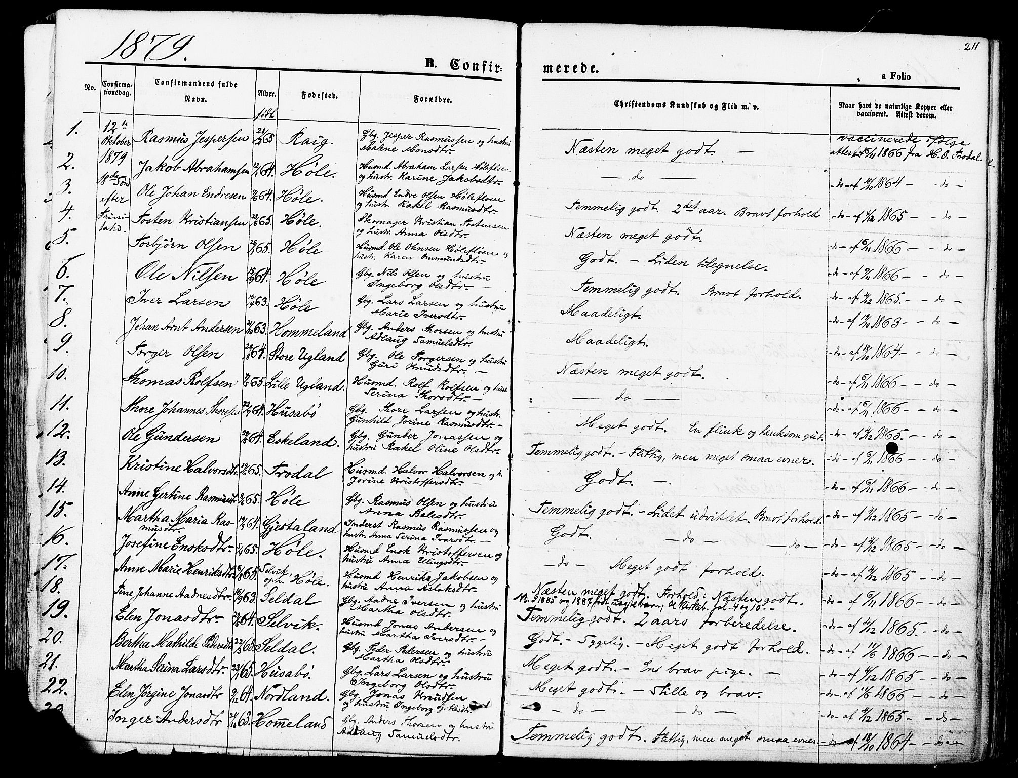 Høgsfjord sokneprestkontor, SAST/A-101624/H/Ha/Haa/L0002: Parish register (official) no. A 2, 1855-1885, p. 211