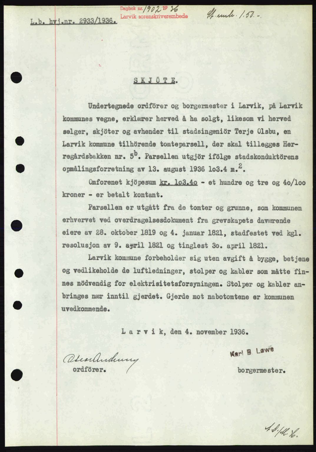 Larvik sorenskriveri, SAKO/A-83/G/Ga/Gab/L0067: Mortgage book no. A-1, 1936-1937, Diary no: : 1902/1936