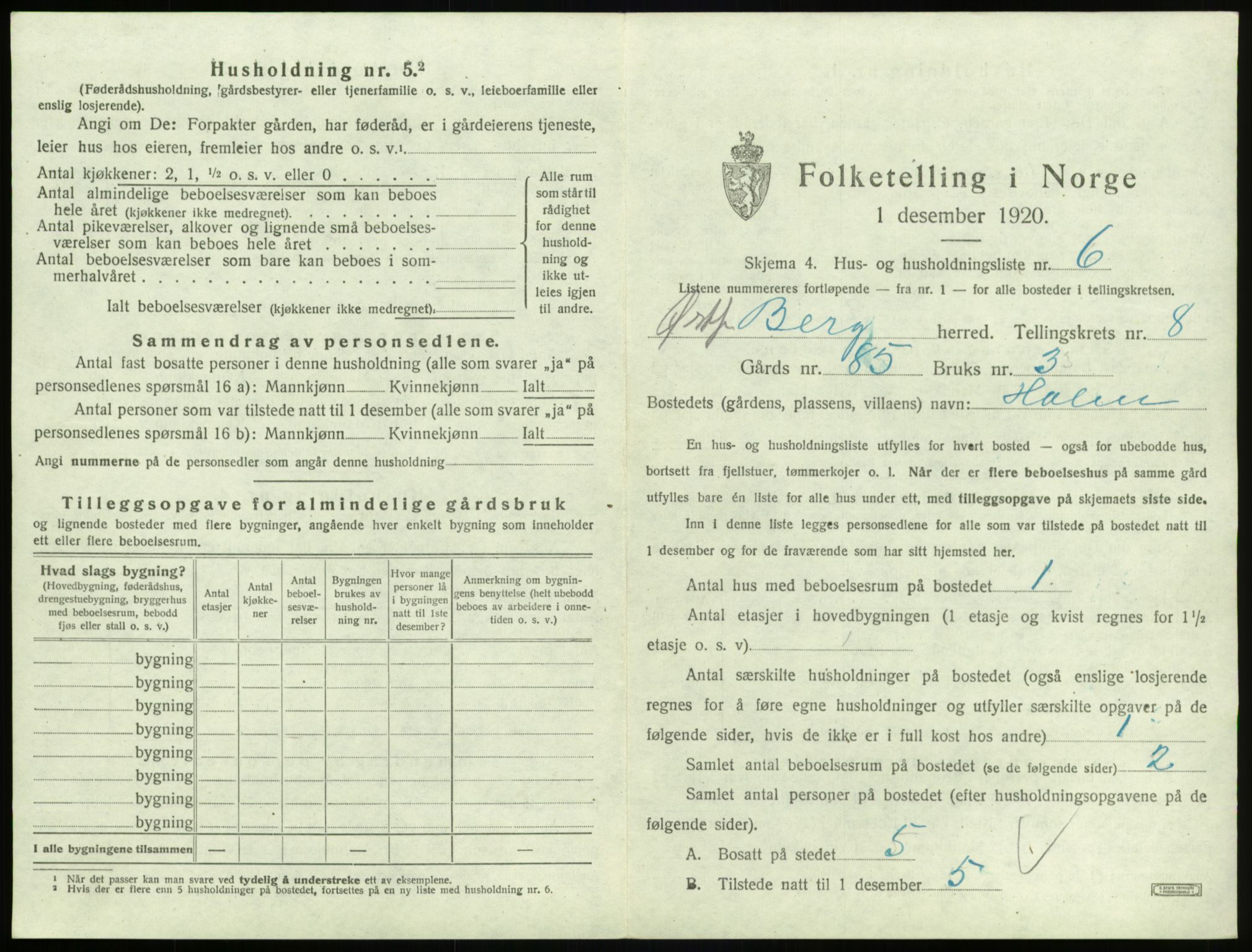 SAO, 1920 census for Berg, 1920, p. 1834