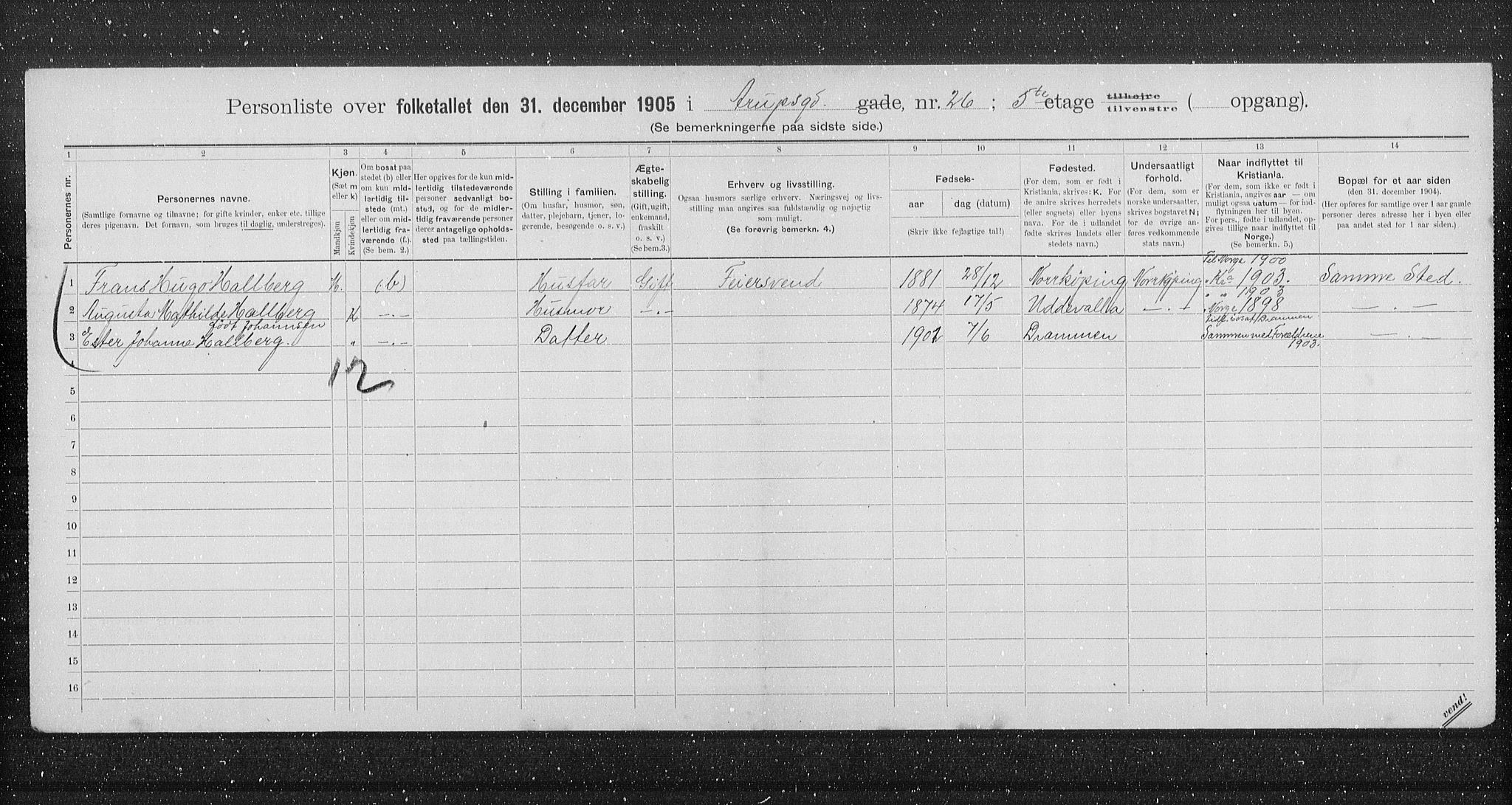 OBA, Municipal Census 1905 for Kristiania, 1905, p. 1282