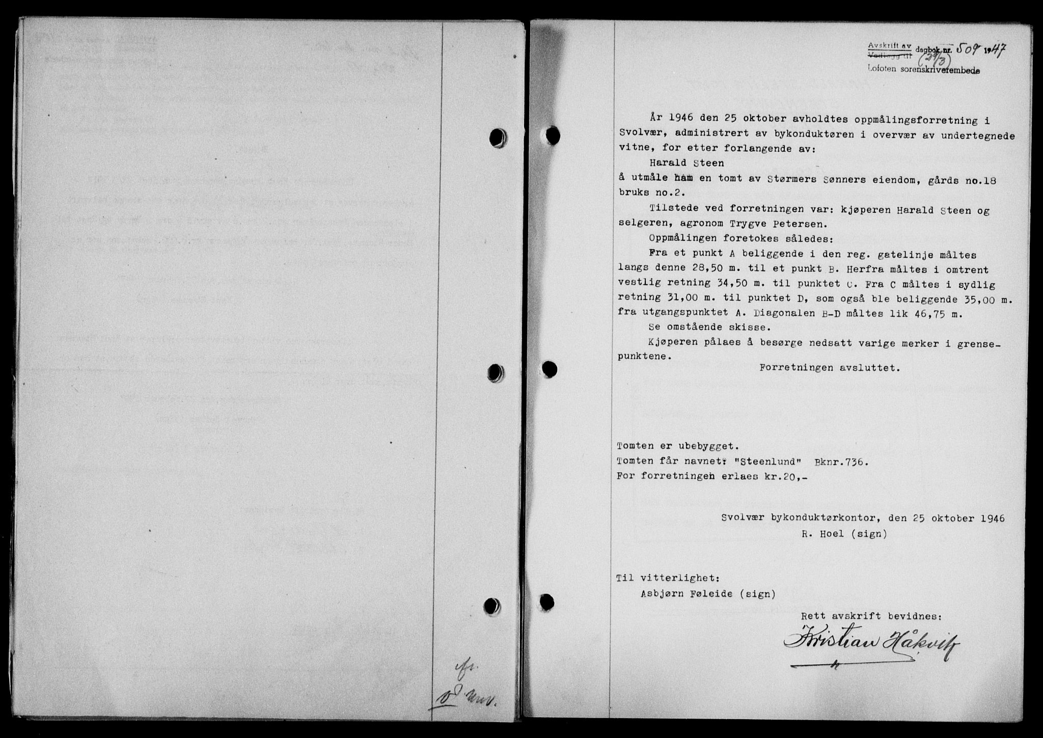 Lofoten sorenskriveri, SAT/A-0017/1/2/2C/L0015a: Mortgage book no. 15a, 1946-1947, Diary no: : 509/1947