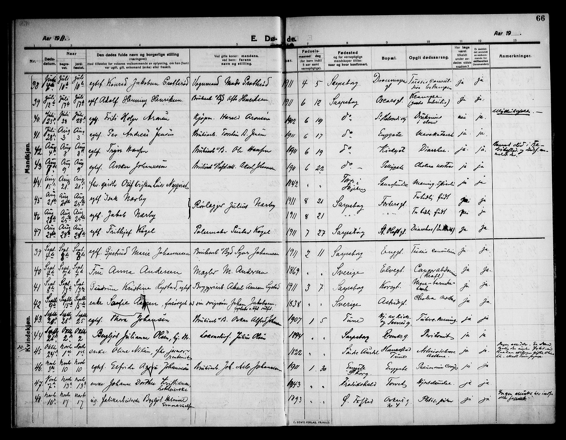 Sarpsborg prestekontor Kirkebøker, AV/SAO-A-2006/F/Fa/L0007: Parish register (official) no. 7, 1910-1918, p. 66