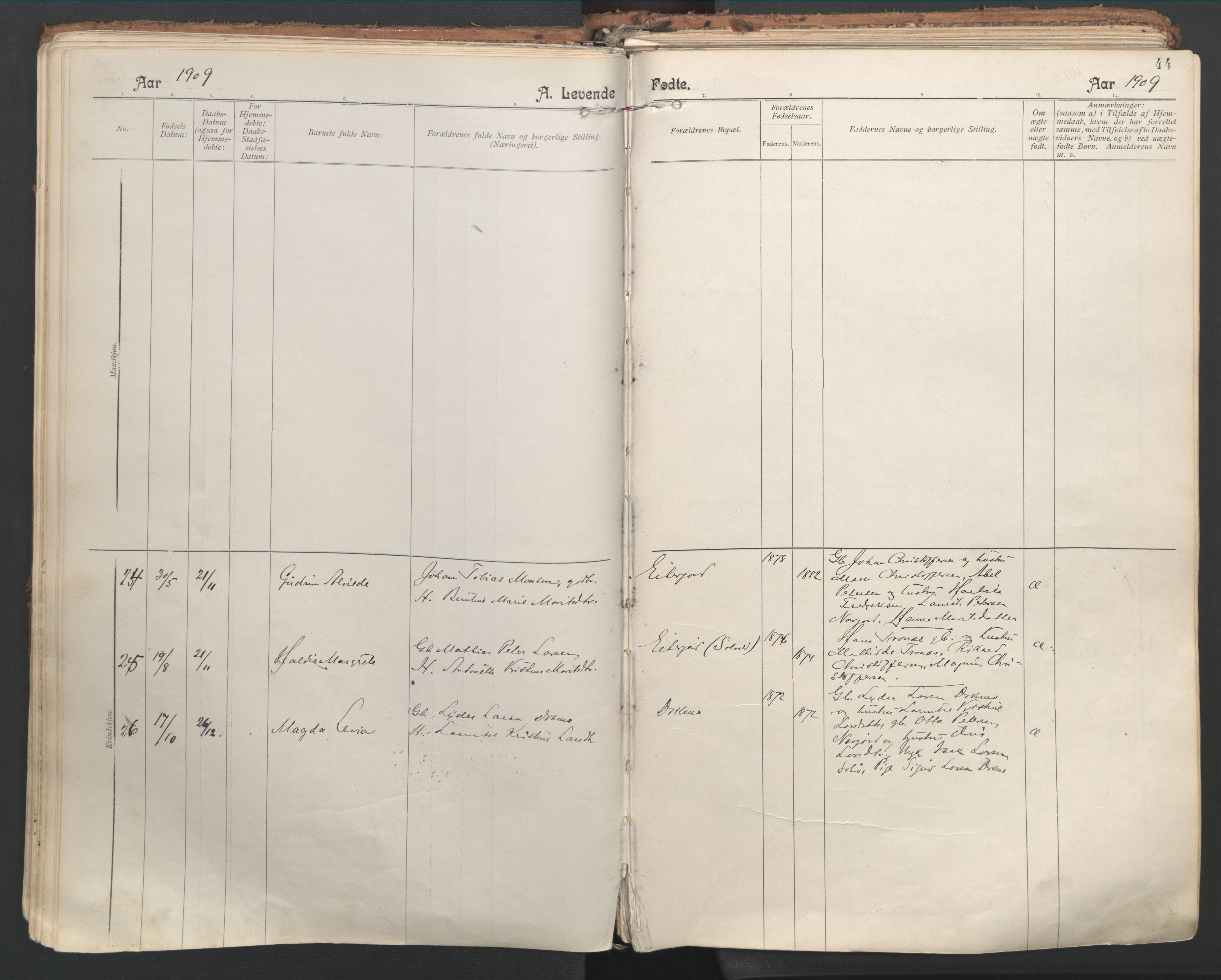 Ministerialprotokoller, klokkerbøker og fødselsregistre - Nordland, SAT/A-1459/846/L0647: Parish register (official) no. 846A05, 1902-1915, p. 44