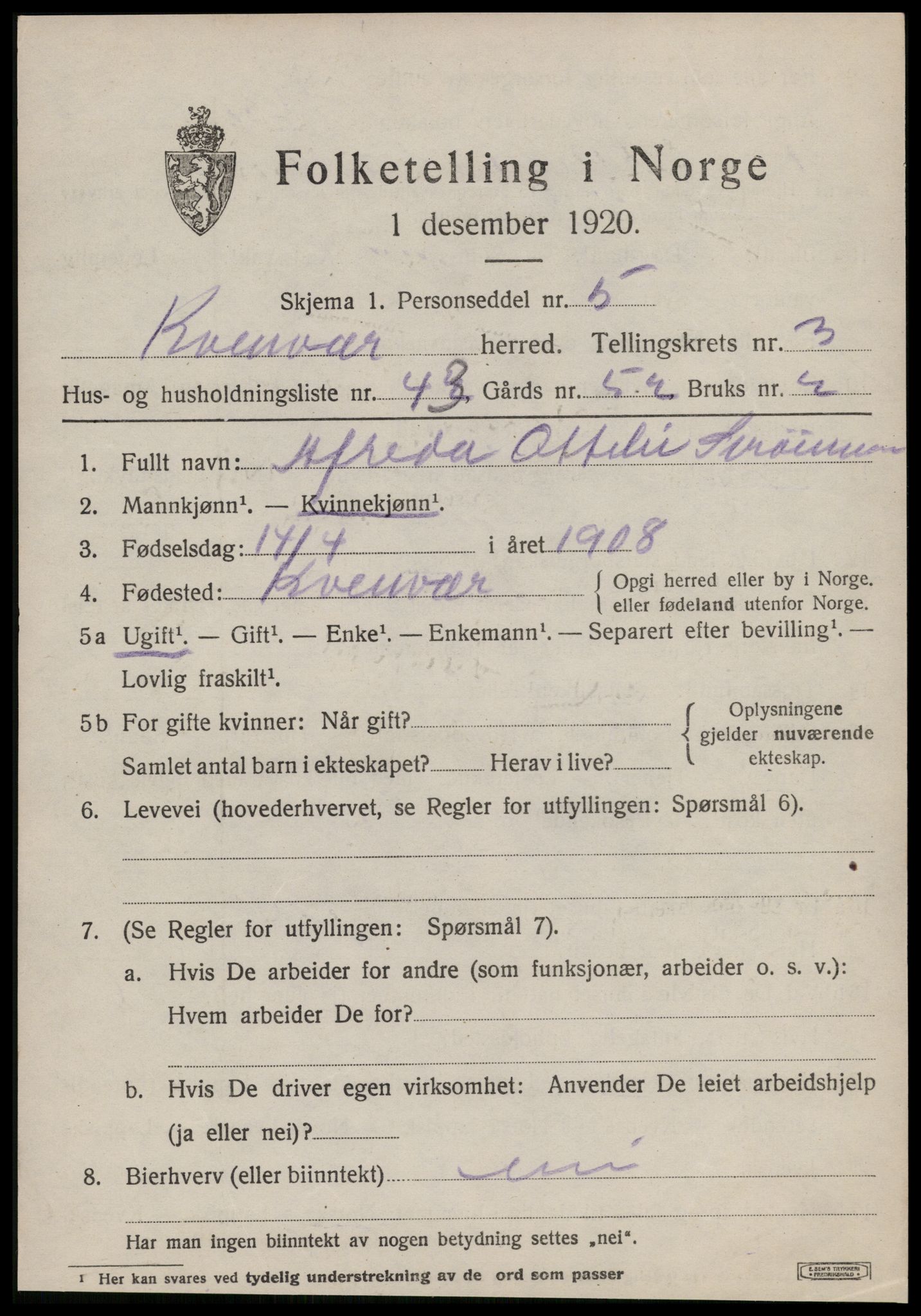 SAT, 1920 census for Kvenvær, 1920, p. 1412