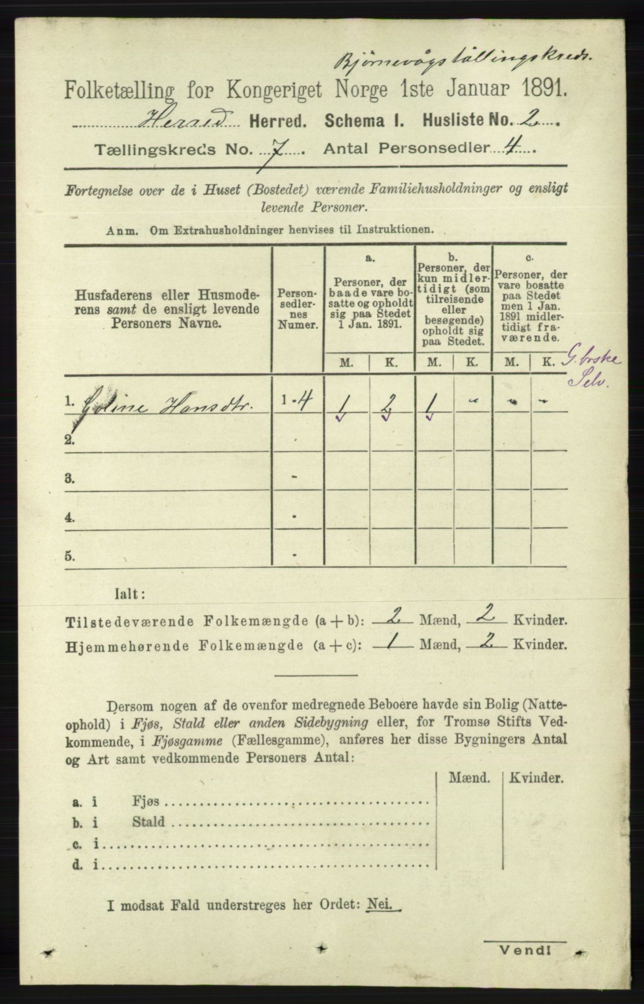 RA, 1891 census for 1039 Herad, 1891, p. 2719