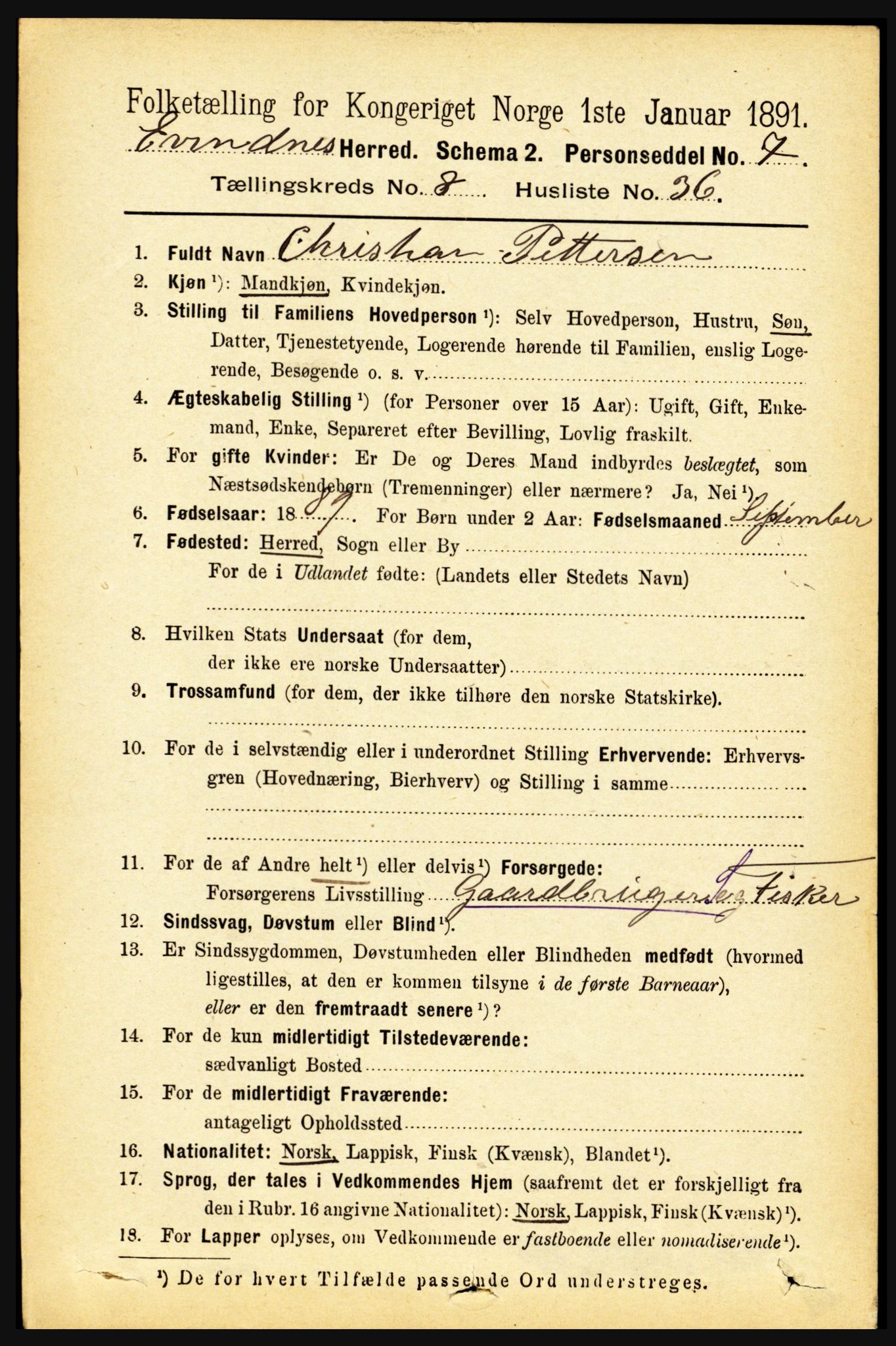 RA, 1891 census for 1853 Evenes, 1891, p. 2757