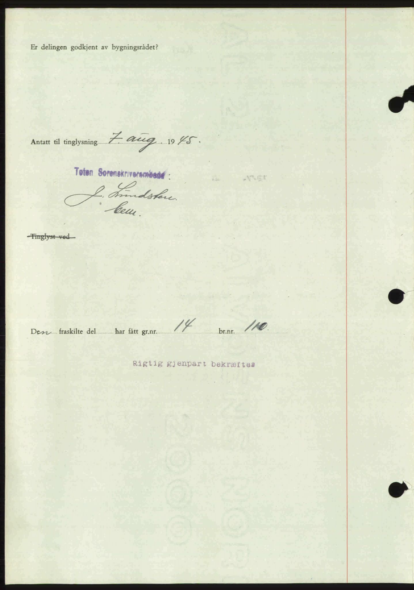 Toten tingrett, SAH/TING-006/H/Hb/Hbc/L0013: Mortgage book no. Hbc-13, 1945-1945, Diary no: : 1100/1945