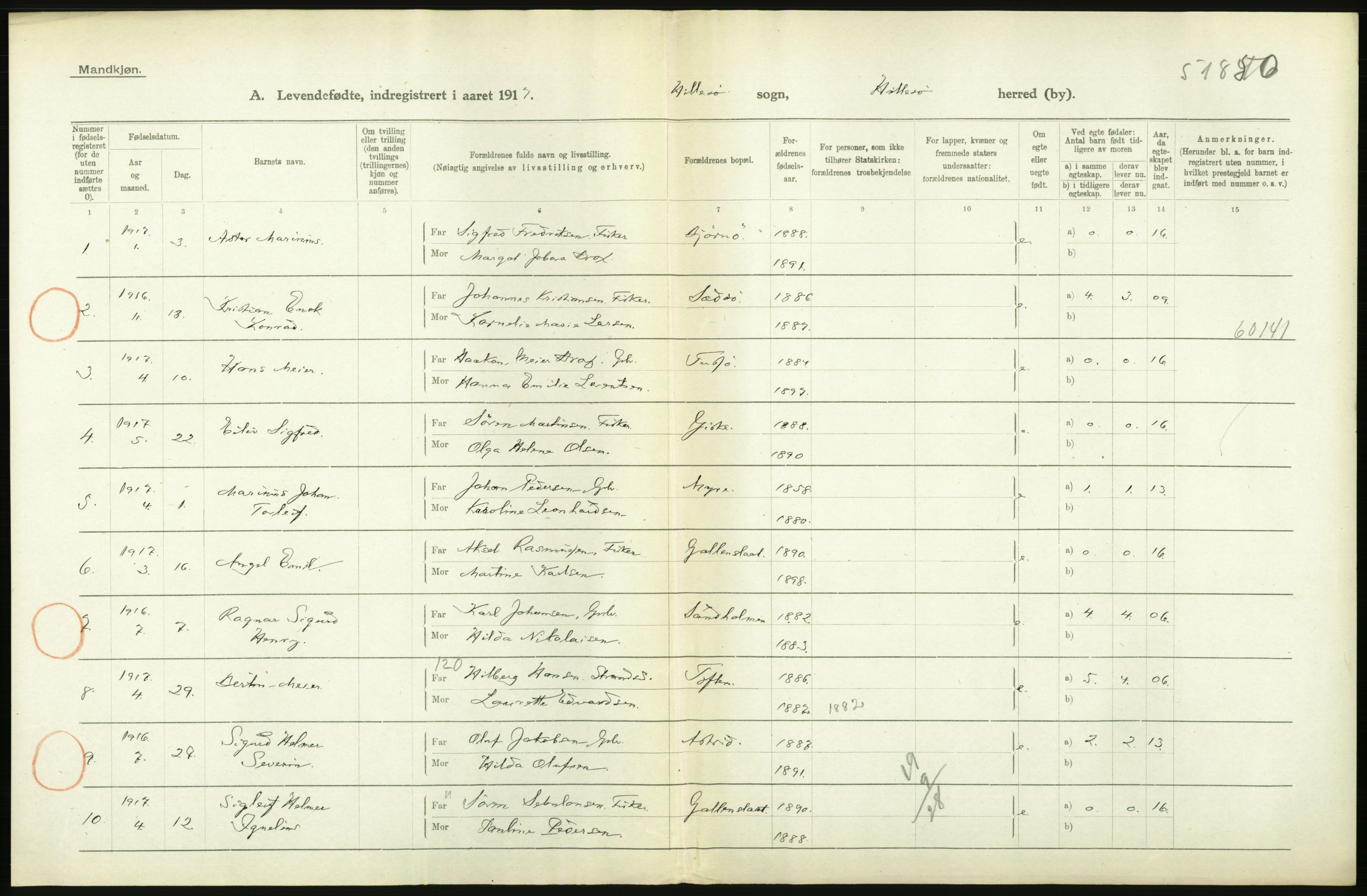 Statistisk sentralbyrå, Sosiodemografiske emner, Befolkning, AV/RA-S-2228/D/Df/Dfb/Dfbg/L0053: Tromsø amt: Levendefødte menn og kvinner. Bygder og byer., 1917, p. 414