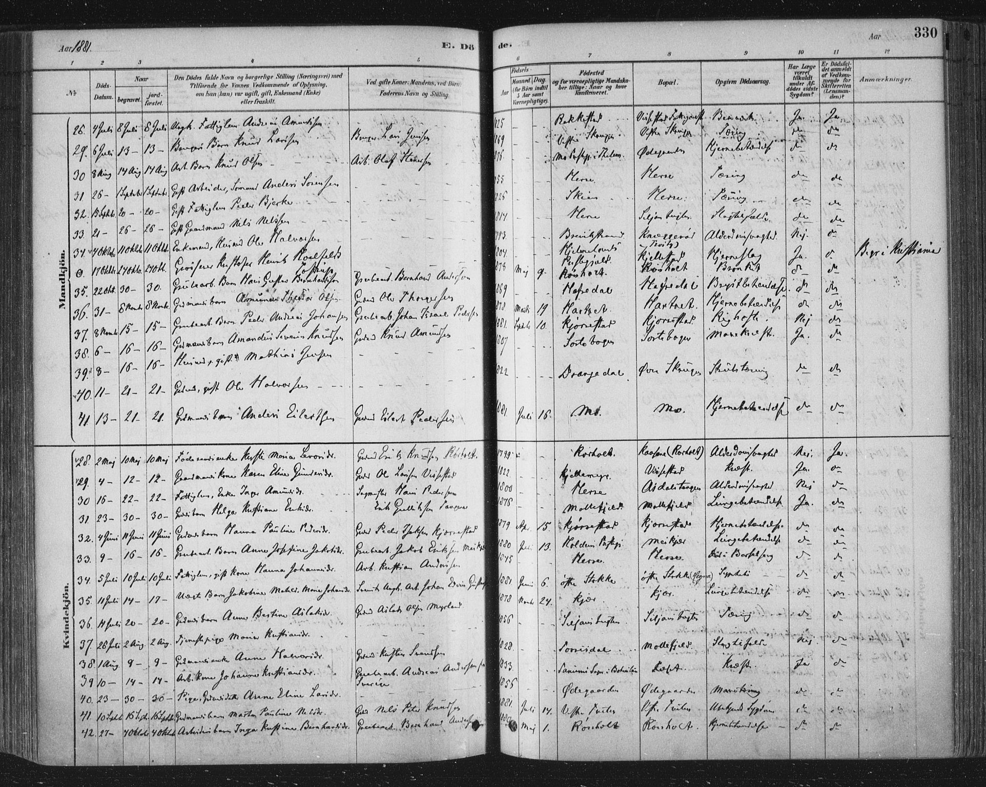 Bamble kirkebøker, AV/SAKO-A-253/F/Fa/L0007: Parish register (official) no. I 7, 1878-1888, p. 330