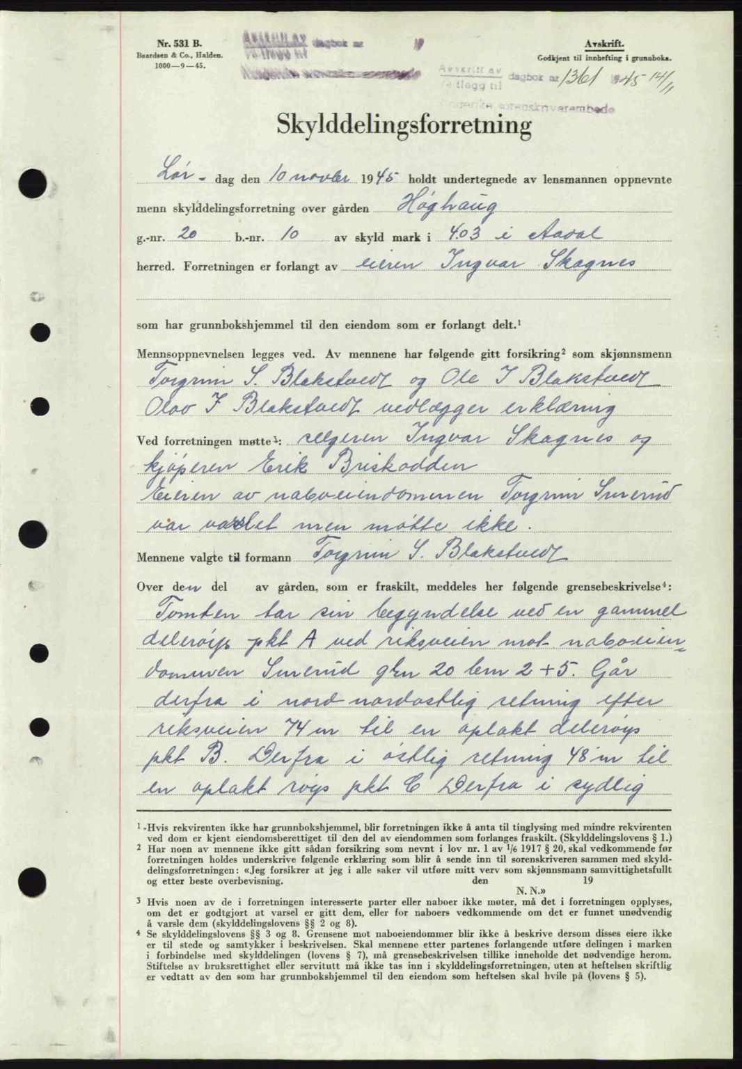 Ringerike sorenskriveri, AV/SAKO-A-105/G/Ga/Gab/L0083: Mortgage book no. A-15a, 1945-1945, Diary no: : 1361/1945