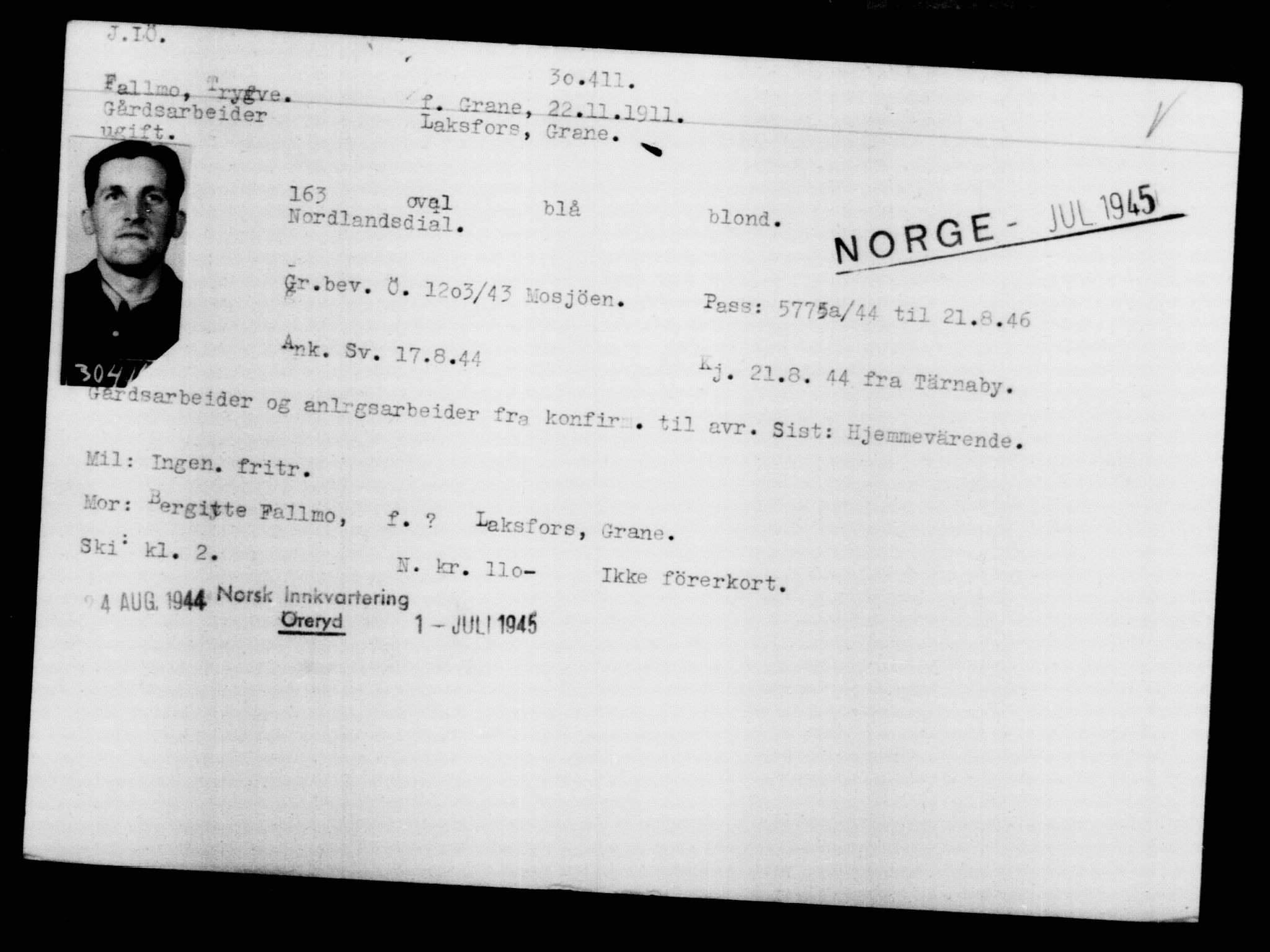 Den Kgl. Norske Legasjons Flyktningskontor, RA/S-6753/V/Va/L0012: Kjesäterkartoteket.  Flyktningenr. 28300-31566, 1940-1945, p. 2309