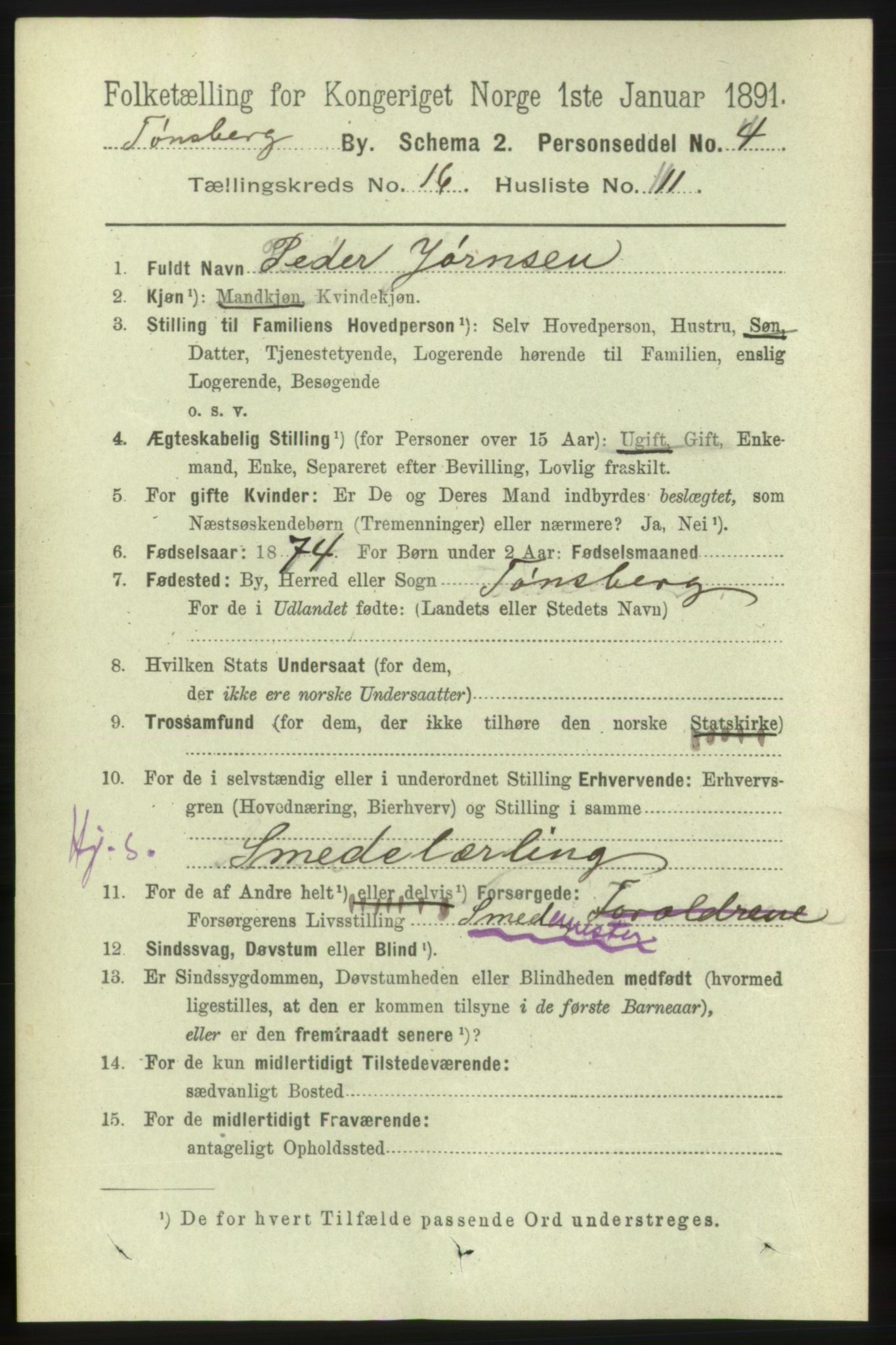 RA, 1891 census for 0705 Tønsberg, 1891, p. 4923