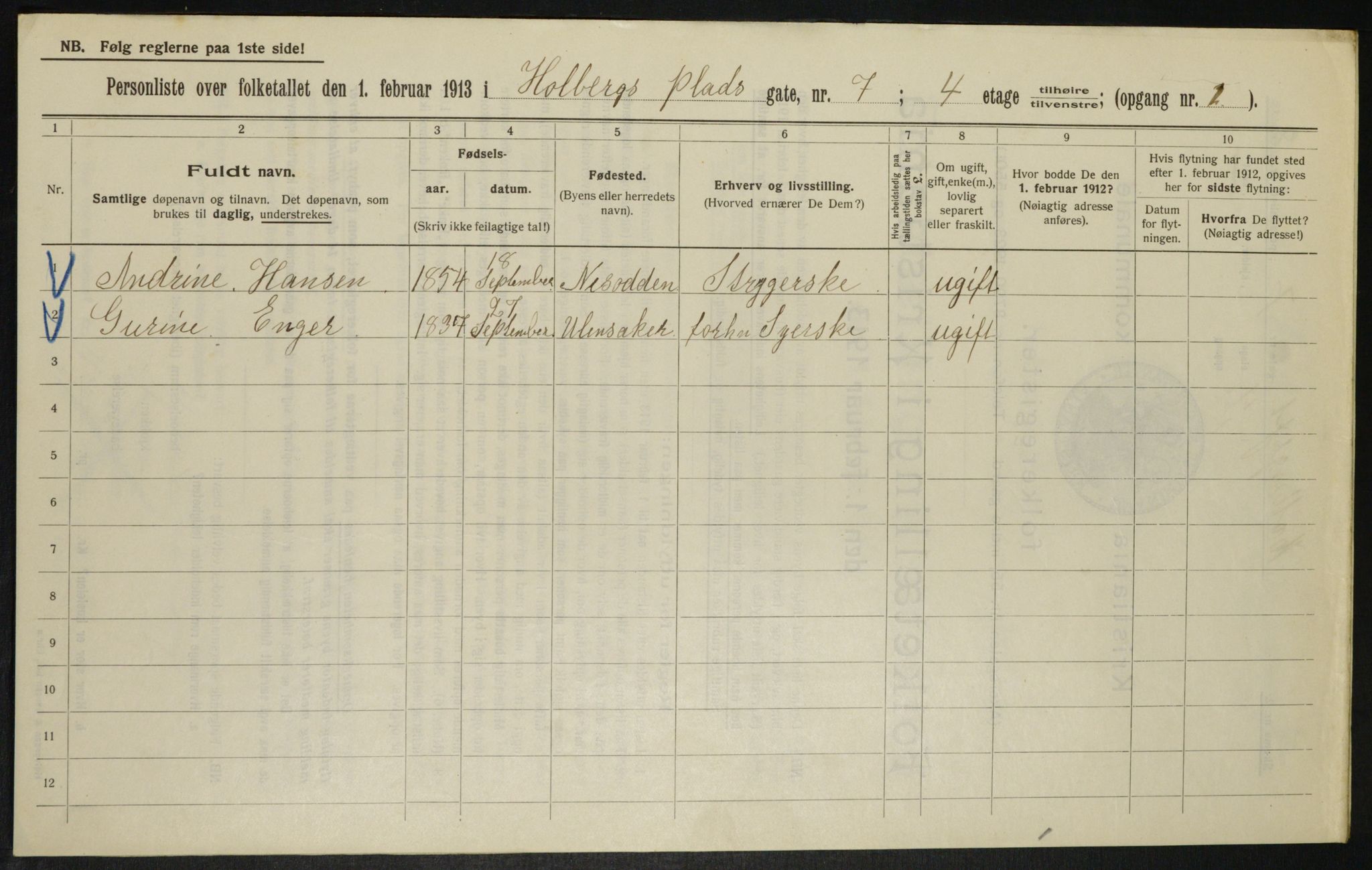 OBA, Municipal Census 1913 for Kristiania, 1913, p. 40445