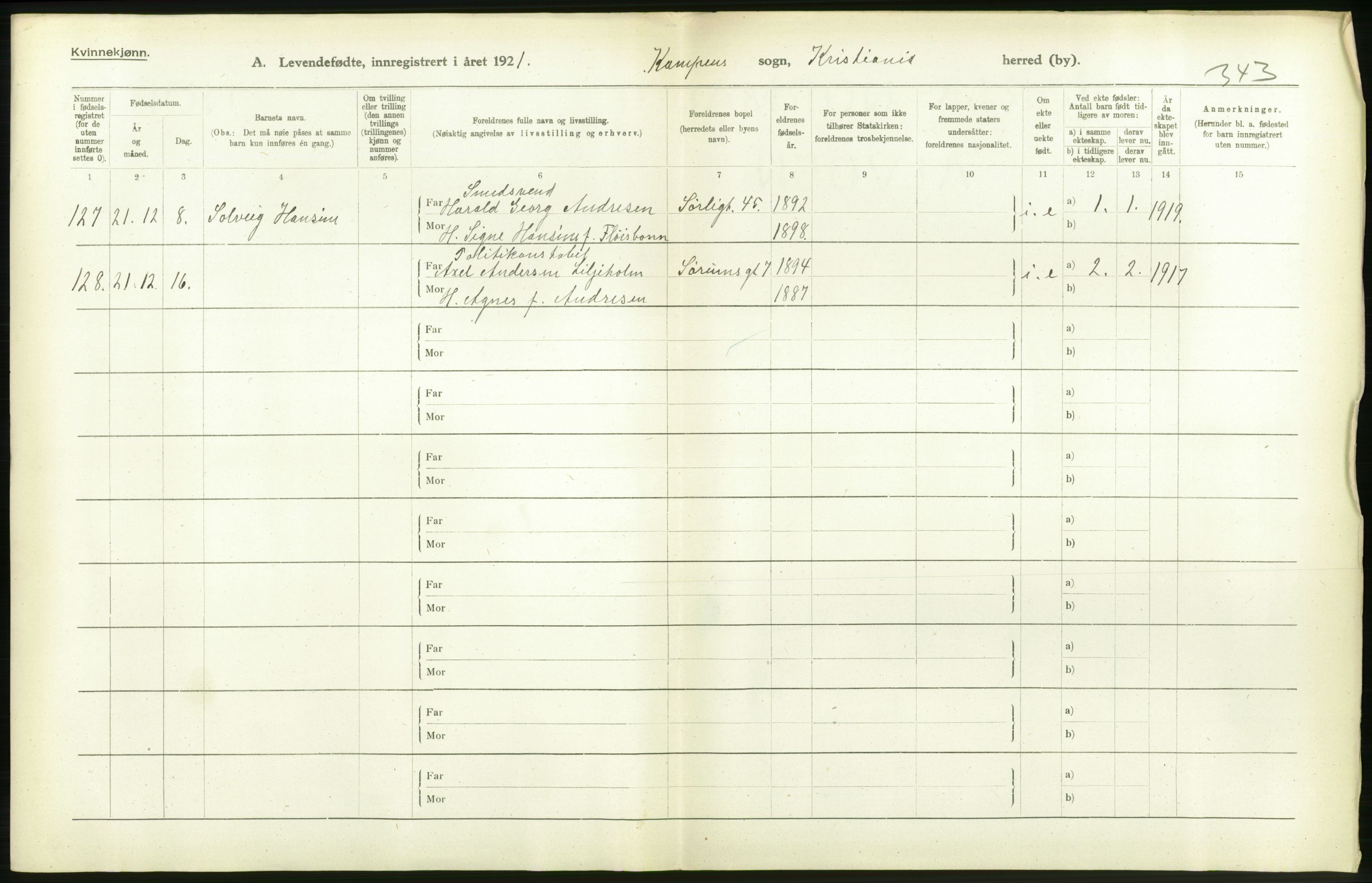 Statistisk sentralbyrå, Sosiodemografiske emner, Befolkning, RA/S-2228/D/Df/Dfc/Dfca/L0009: Kristiania: Levendefødte menn og kvinner., 1921, p. 160