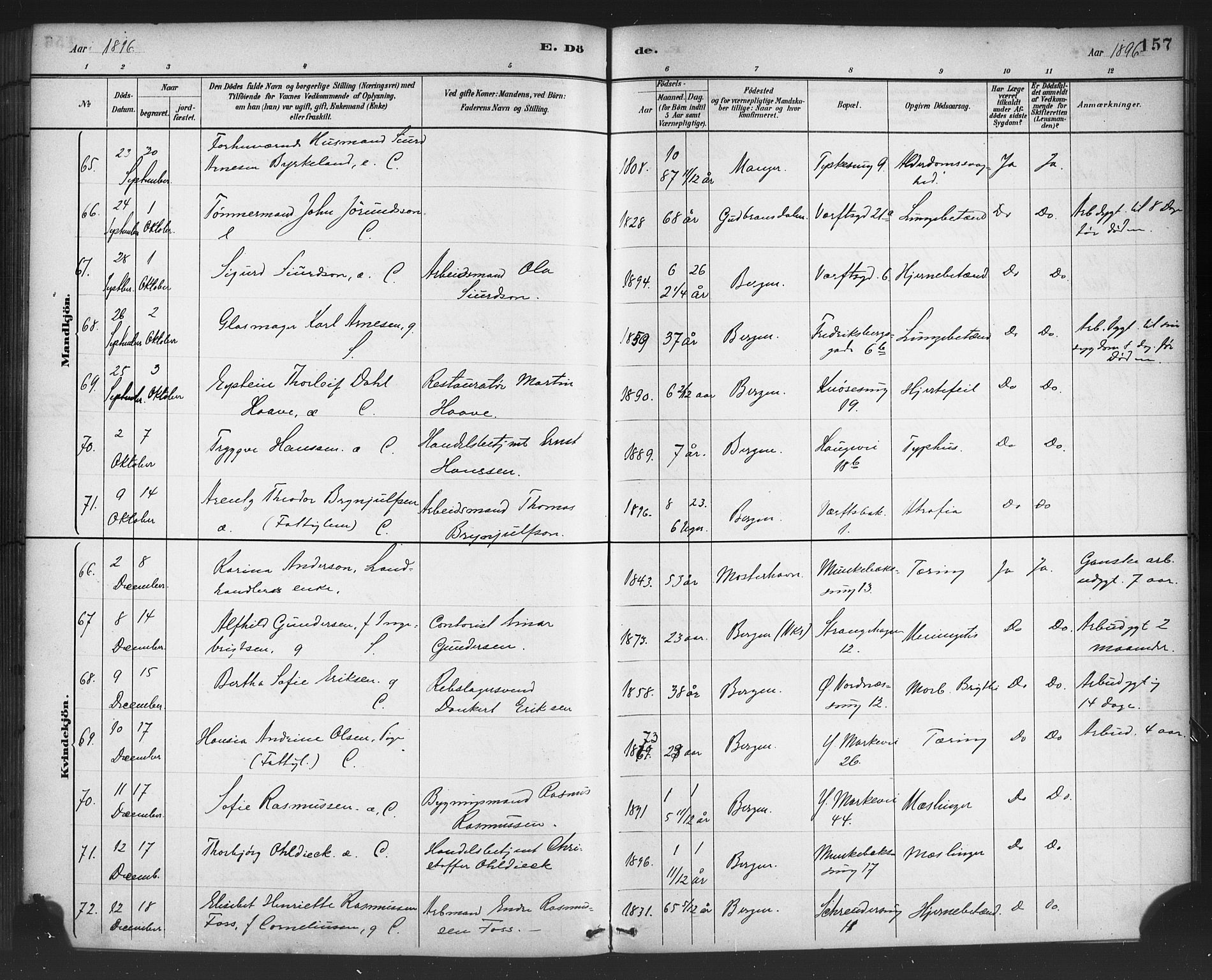 Nykirken Sokneprestembete, AV/SAB-A-77101/H/Haa/L0044: Parish register (official) no. E 4, 1882-1898, p. 157