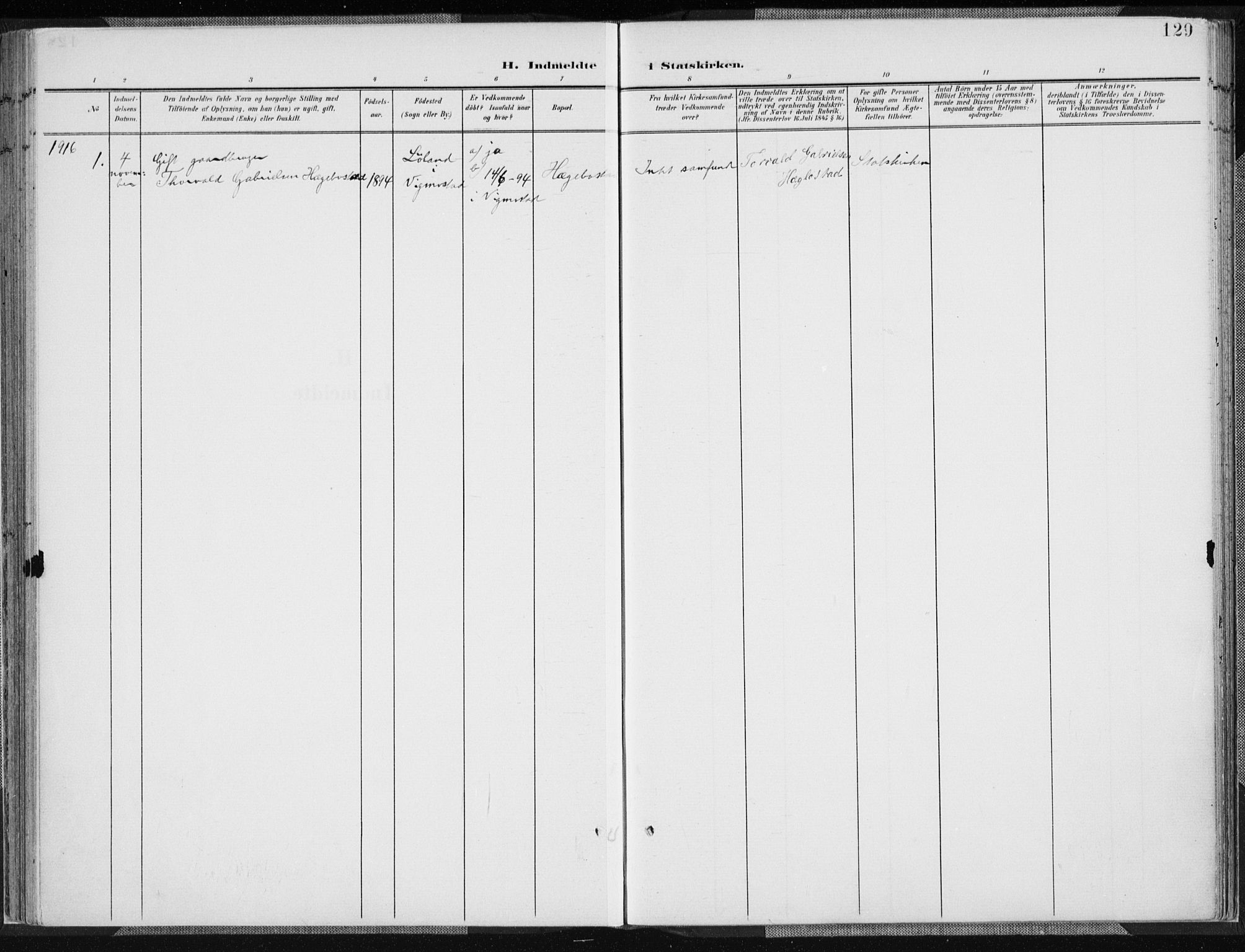 Nord-Audnedal sokneprestkontor, AV/SAK-1111-0032/F/Fa/Fab/L0004: Parish register (official) no. A 4, 1901-1917, p. 129