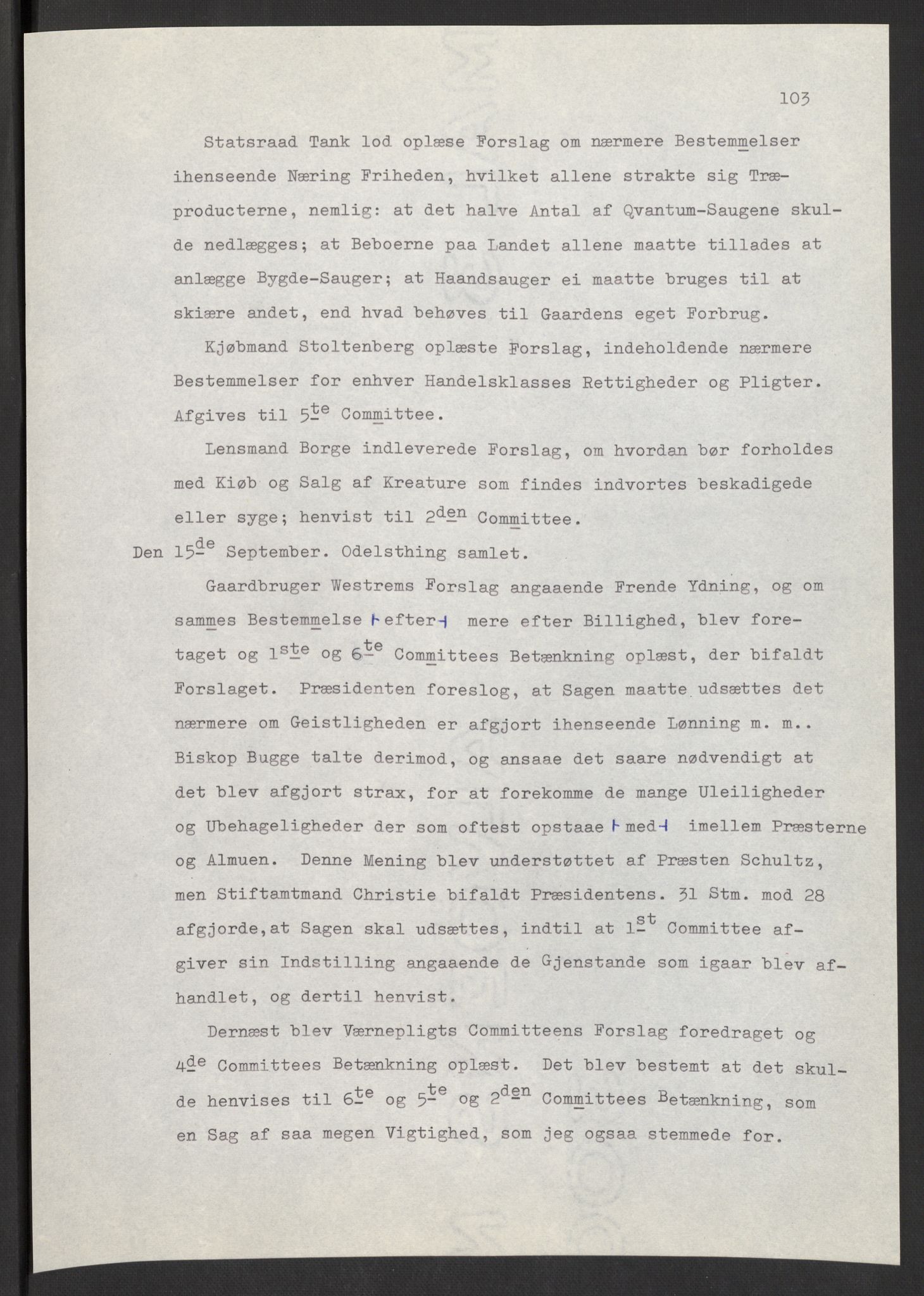 Manuskriptsamlingen, AV/RA-EA-3667/F/L0197: Wetlesen, Hans Jørgen (stortingsmann, ingeniørkaptein); Referat fra Stortinget 1815-1816, 1815-1816, p. 103