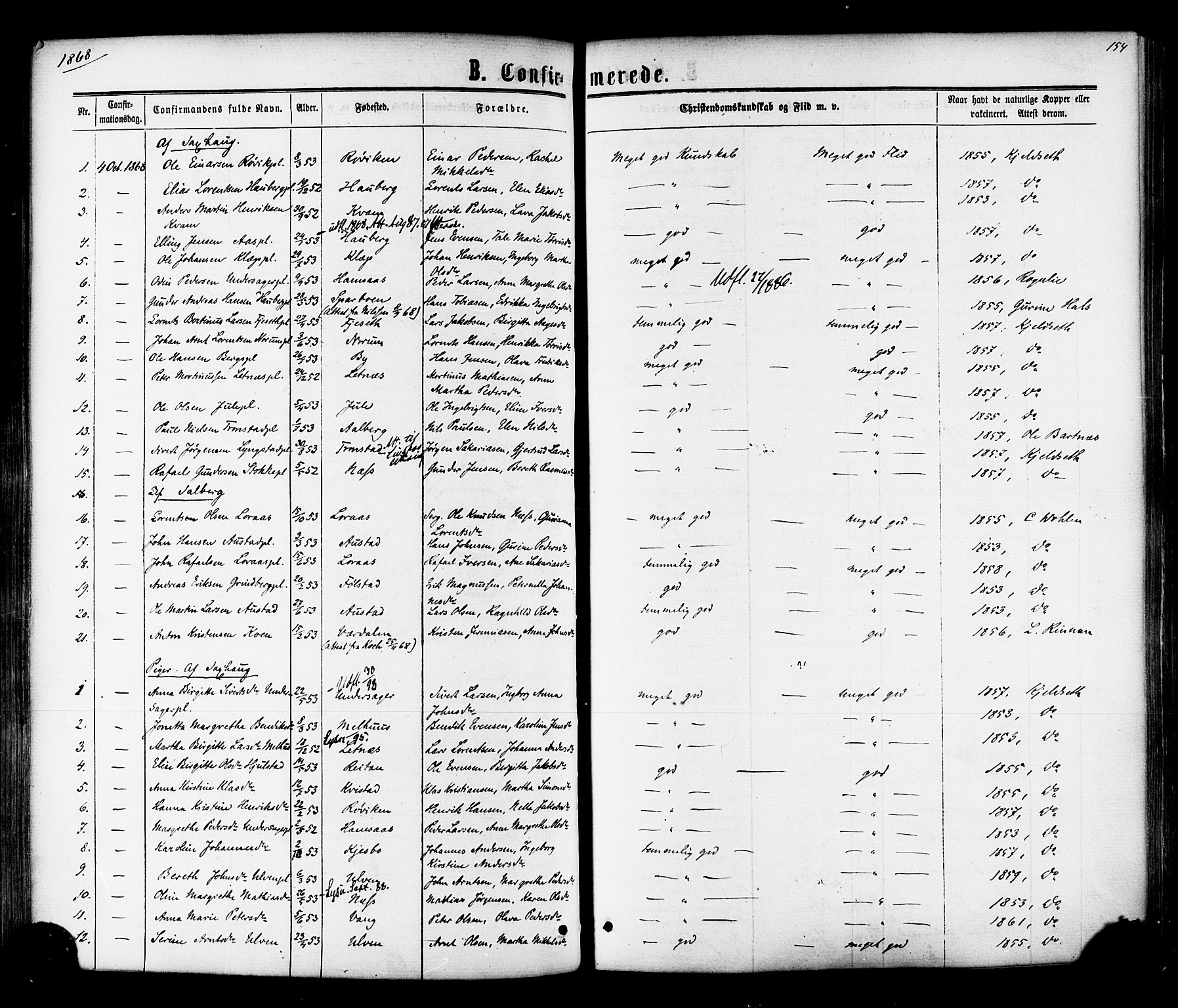 Ministerialprotokoller, klokkerbøker og fødselsregistre - Nord-Trøndelag, SAT/A-1458/730/L0284: Parish register (official) no. 730A09, 1866-1878, p. 154