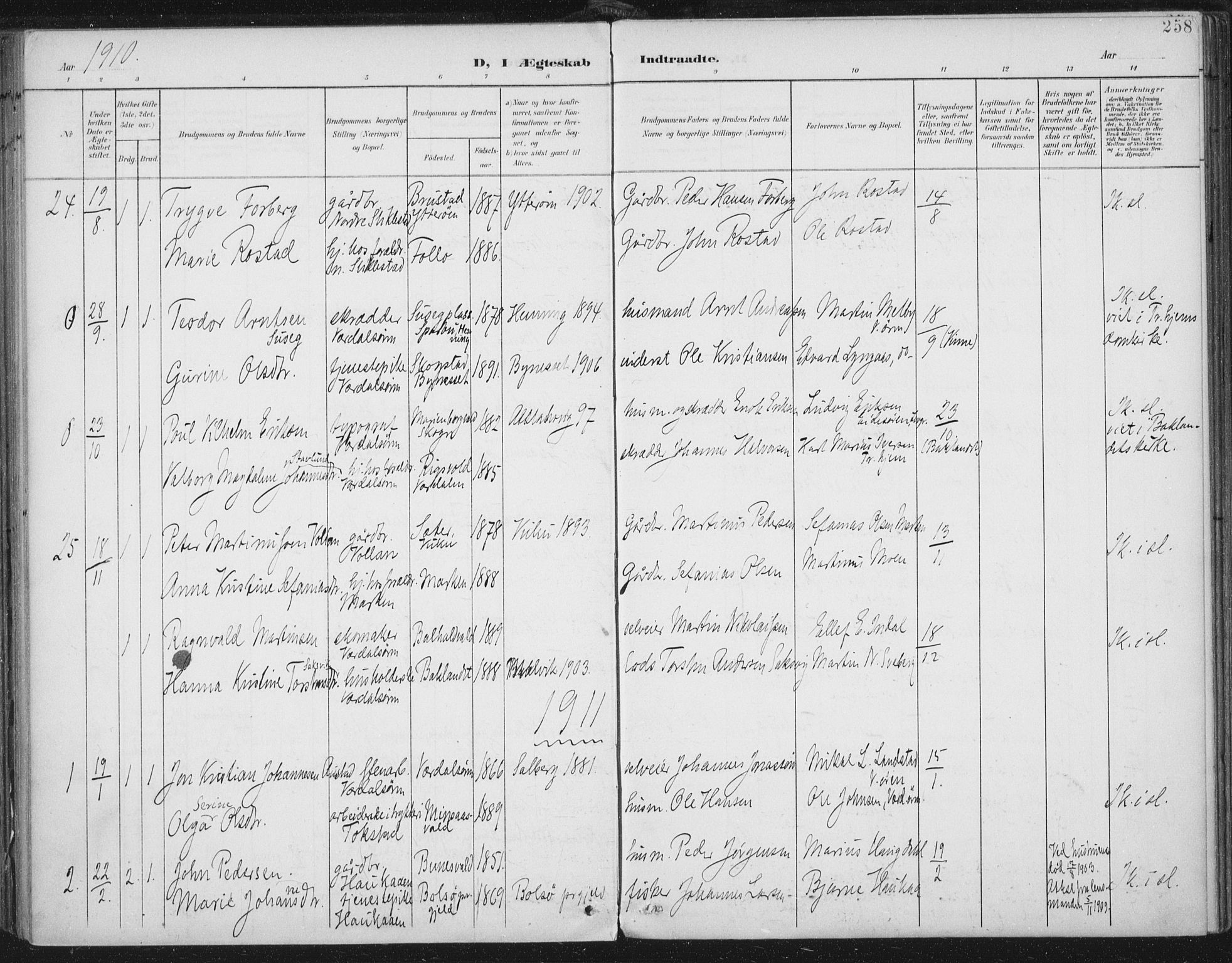 Ministerialprotokoller, klokkerbøker og fødselsregistre - Nord-Trøndelag, SAT/A-1458/723/L0246: Parish register (official) no. 723A15, 1900-1917, p. 258