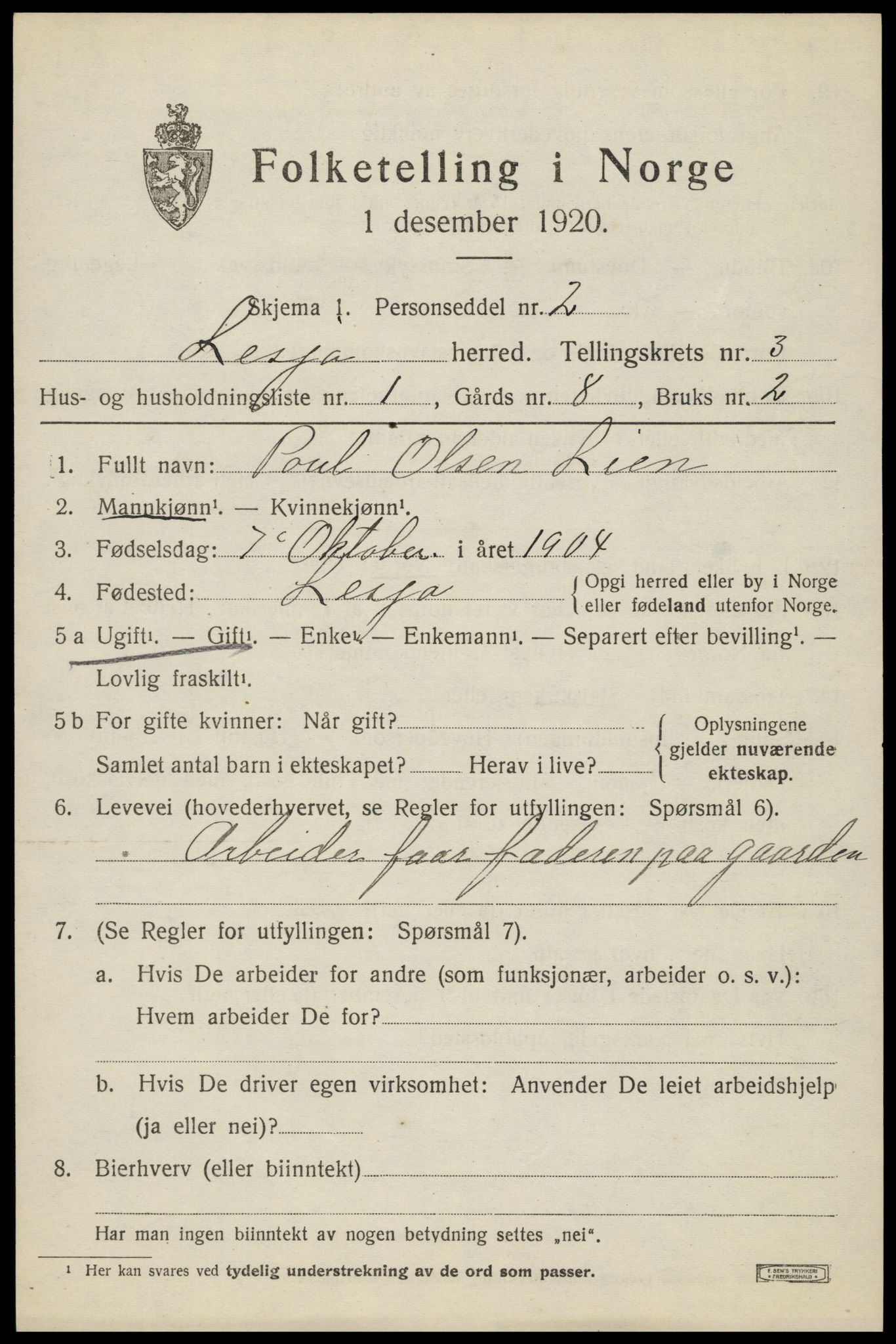 SAH, 1920 census for Lesja, 1920, p. 1996