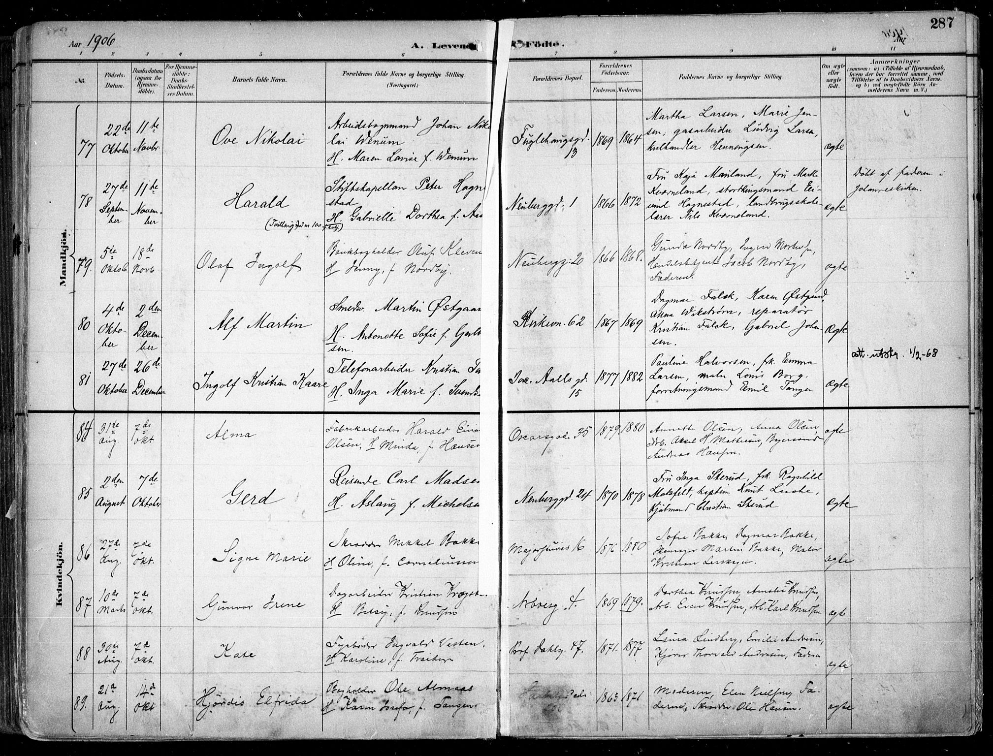 Uranienborg prestekontor Kirkebøker, AV/SAO-A-10877/F/Fa/L0005: Parish register (official) no. I 5, 1895-1907, p. 287