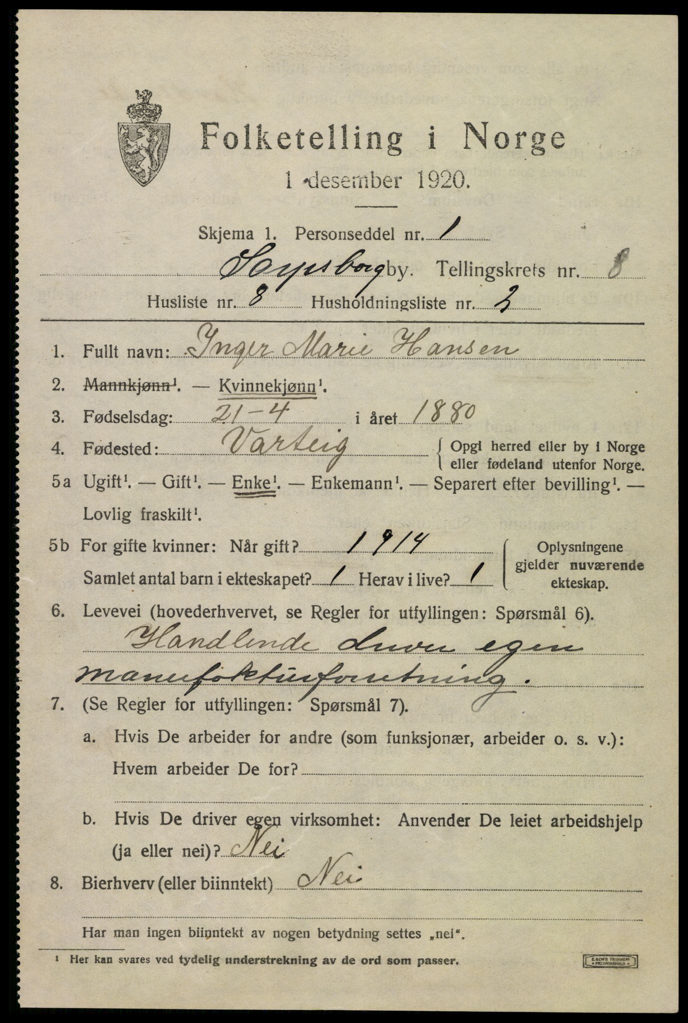 SAO, 1920 census for Sarpsborg, 1920, p. 17442