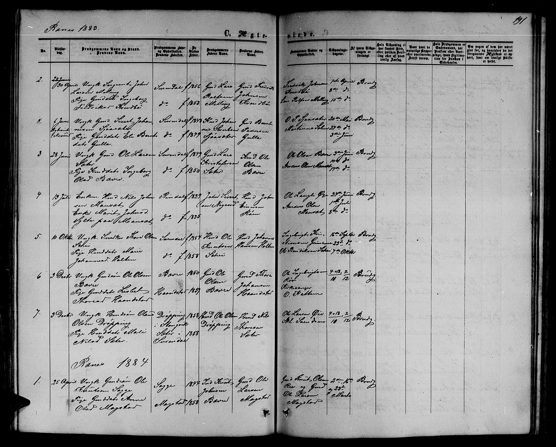 Ministerialprotokoller, klokkerbøker og fødselsregistre - Møre og Romsdal, SAT/A-1454/595/L1051: Parish register (copy) no. 595C03, 1866-1891, p. 191