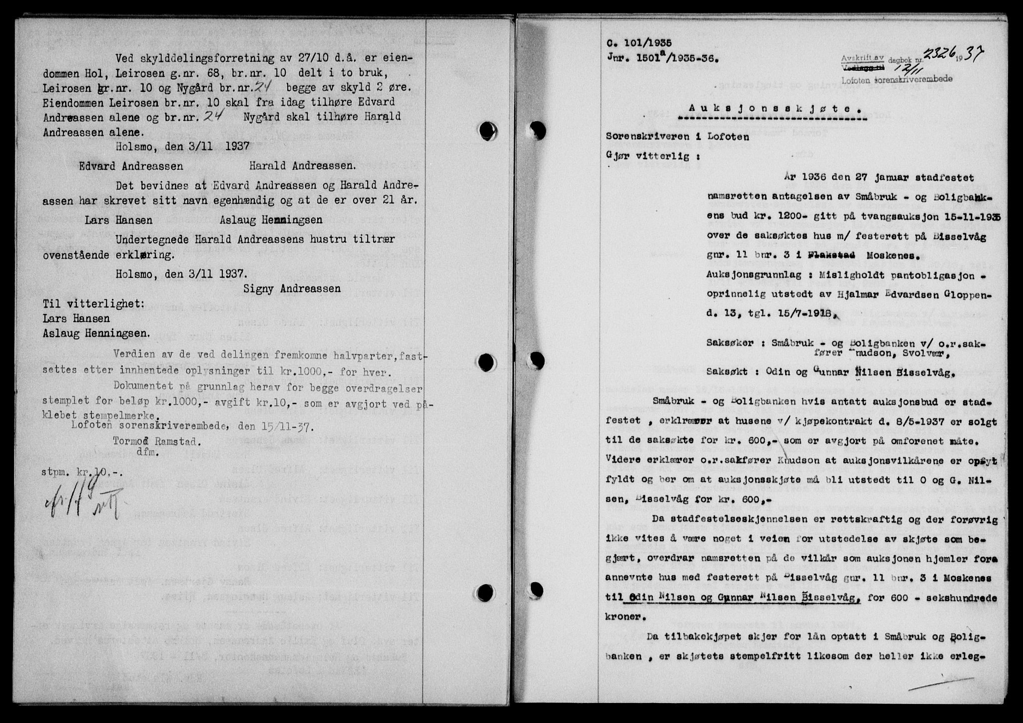 Lofoten sorenskriveri, SAT/A-0017/1/2/2C/L0003a: Mortgage book no. 3a, 1937-1938, Diary no: : 2326/1937