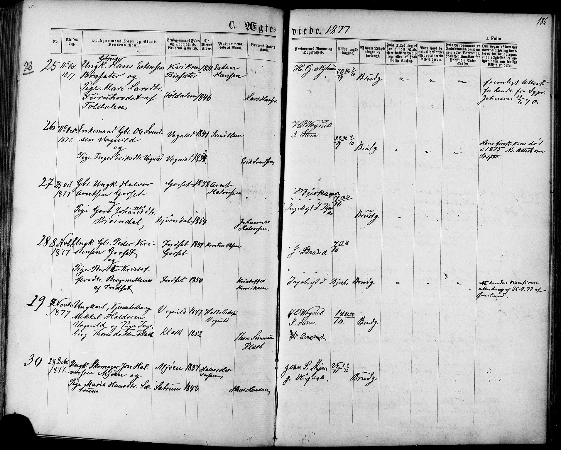 Ministerialprotokoller, klokkerbøker og fødselsregistre - Sør-Trøndelag, SAT/A-1456/678/L0900: Parish register (official) no. 678A09, 1872-1881, p. 186