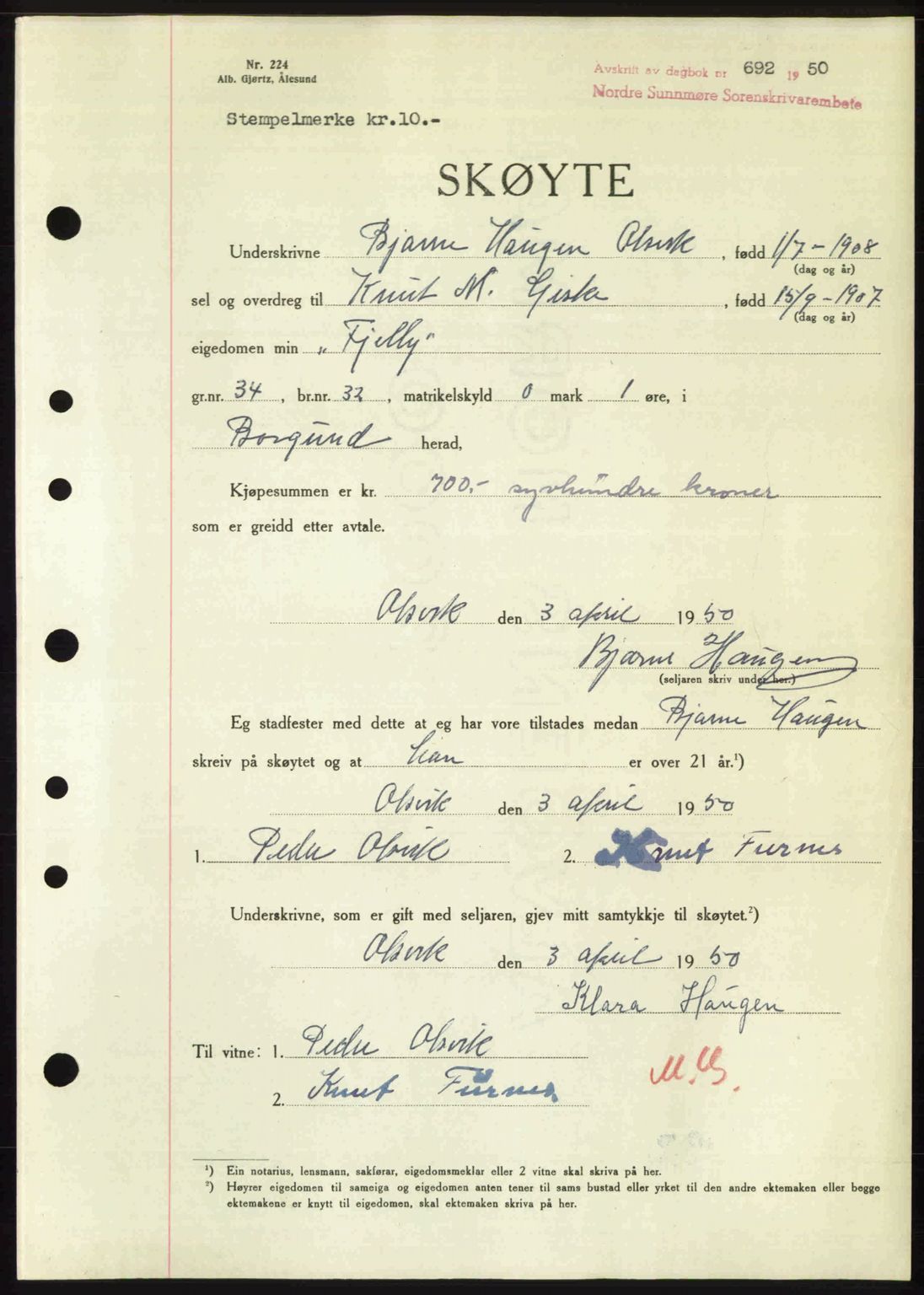 Nordre Sunnmøre sorenskriveri, AV/SAT-A-0006/1/2/2C/2Ca: Mortgage book no. A34, 1950-1950, Diary no: : 692/1950