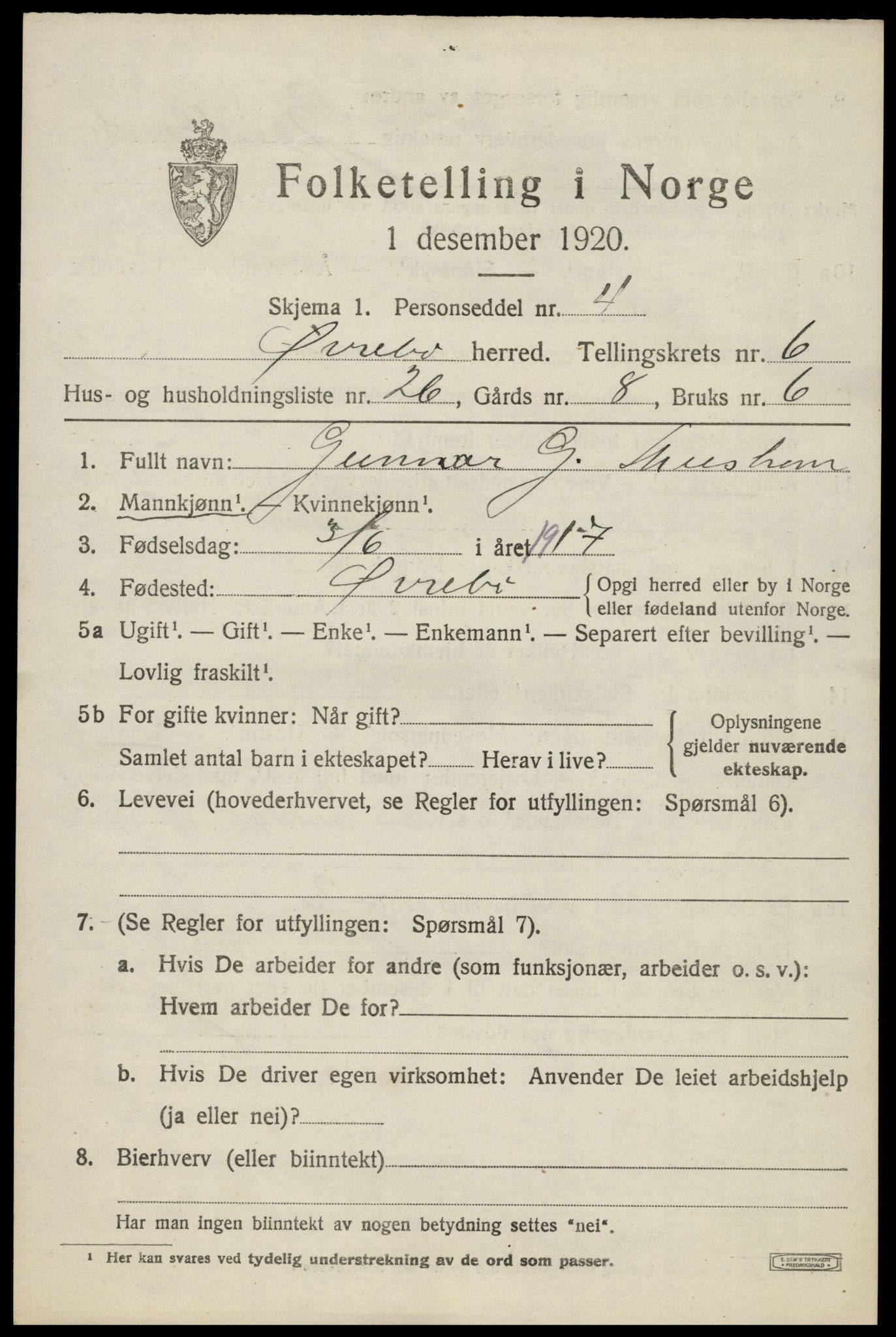 SAK, 1920 census for Øvrebø, 1920, p. 1454