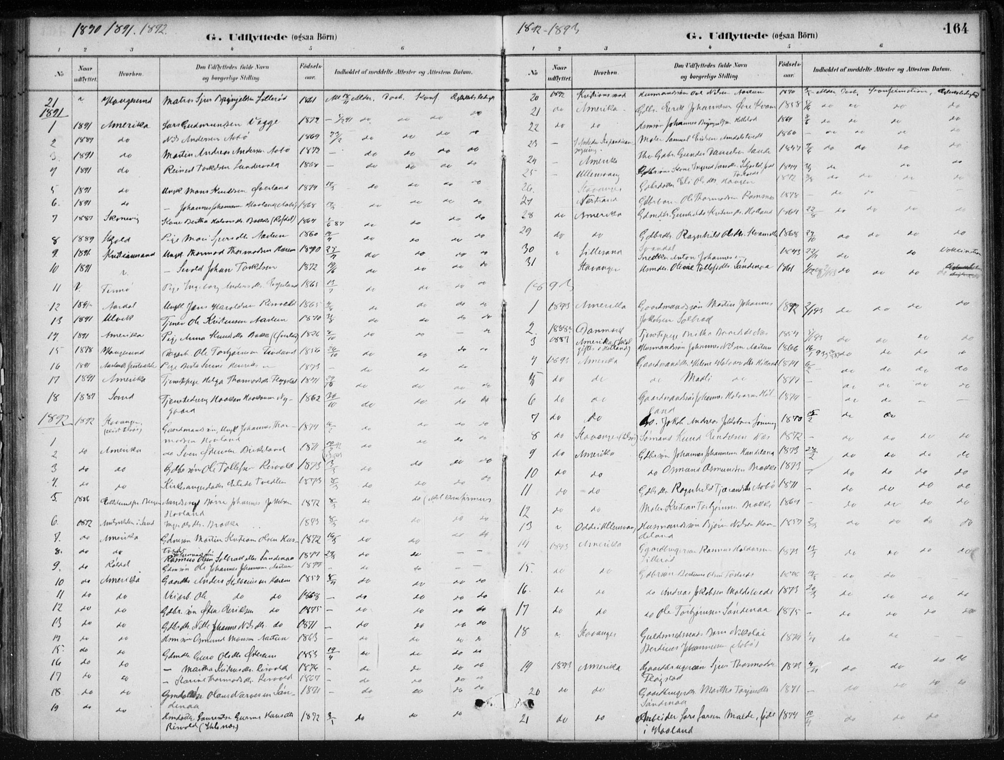 Sand sokneprestkontor, AV/SAST-A-101848/01/III/L0006: Parish register (official) no. A 6, 1880-1898, p. 164