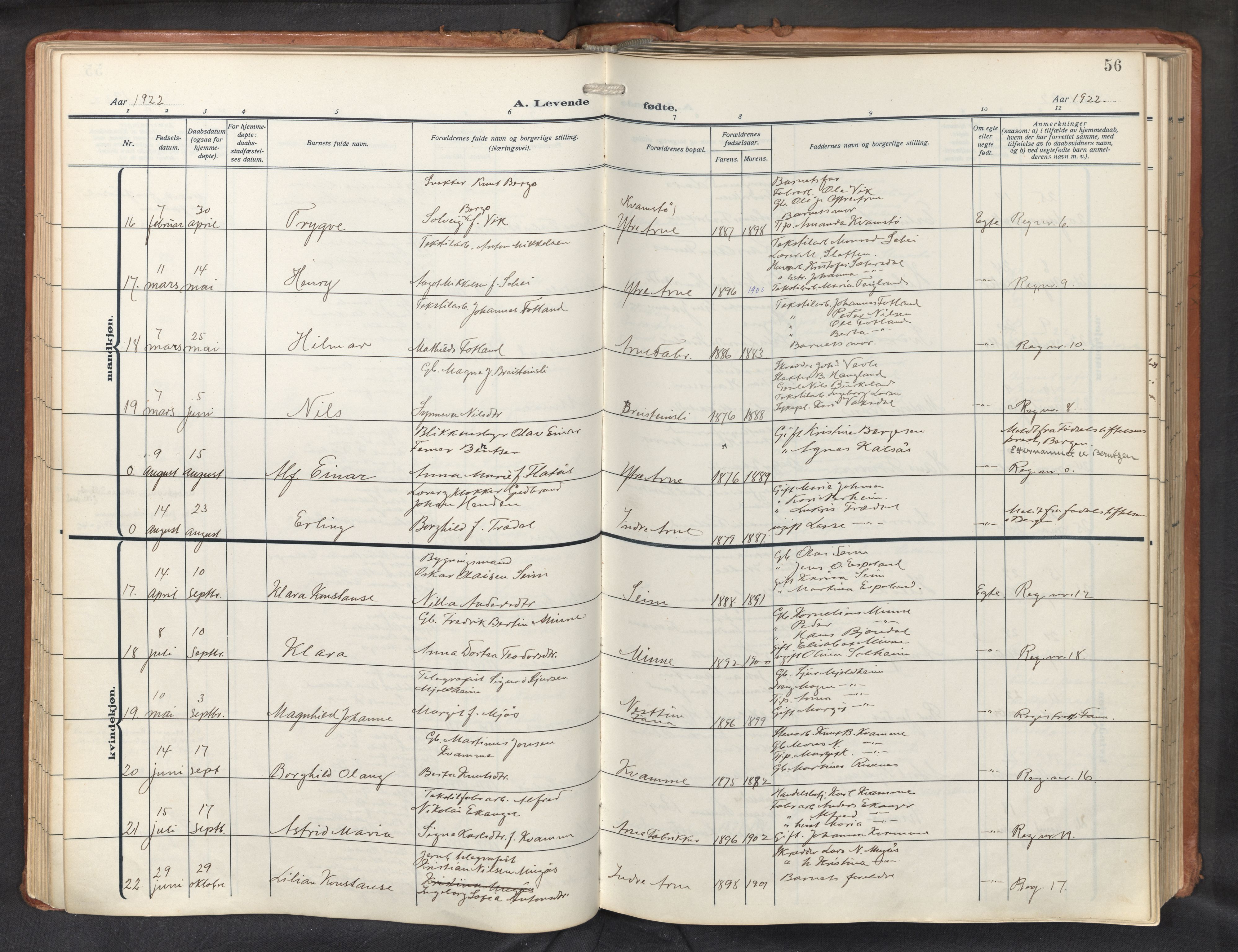 Haus sokneprestembete, AV/SAB-A-75601/H/Haa: Parish register (official) no. D 3, 1912-1927, p. 56