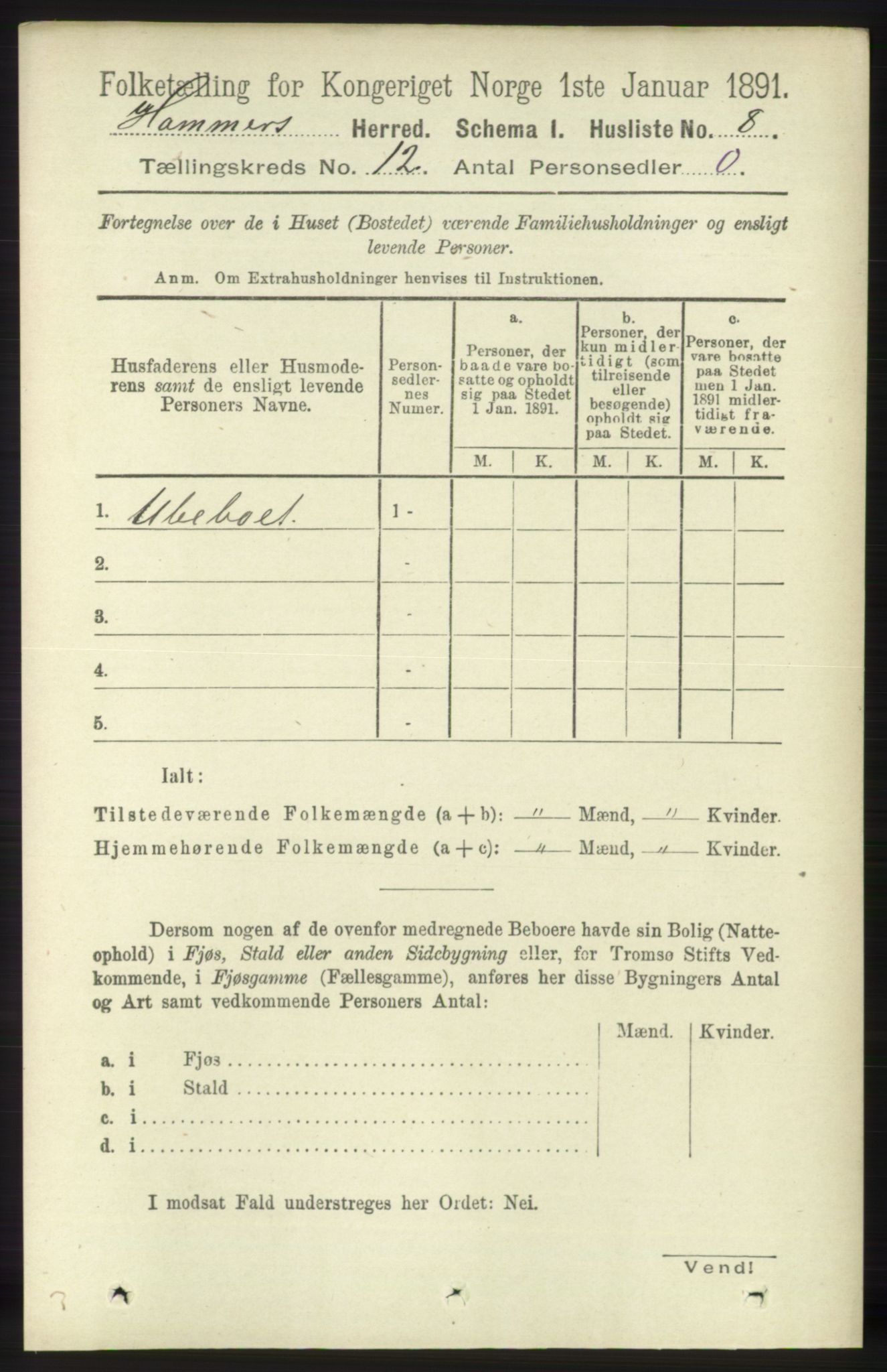 RA, 1891 census for 1254 Hamre, 1891, p. 3416