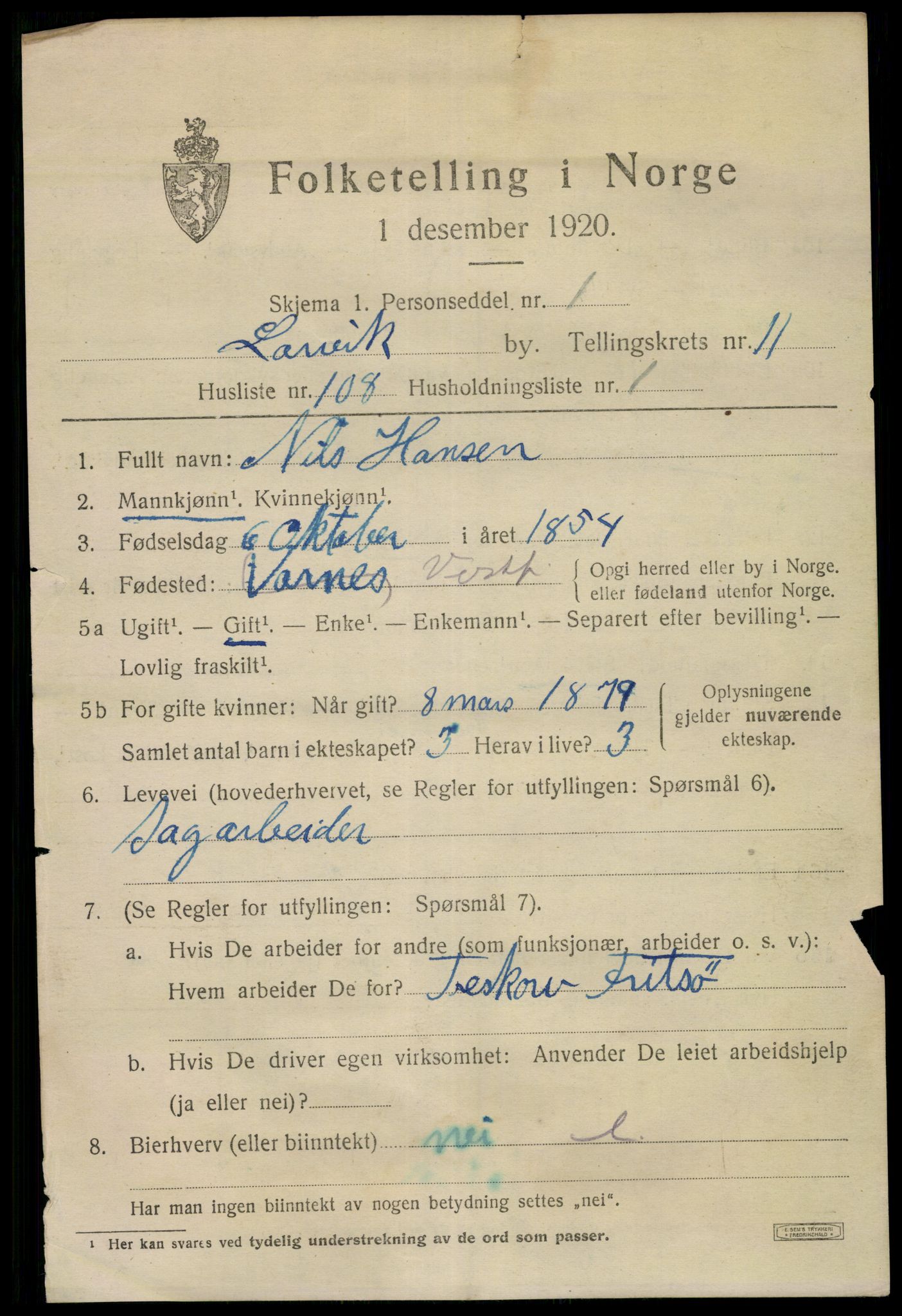 SAKO, 1920 census for Larvik, 1920, p. 30528