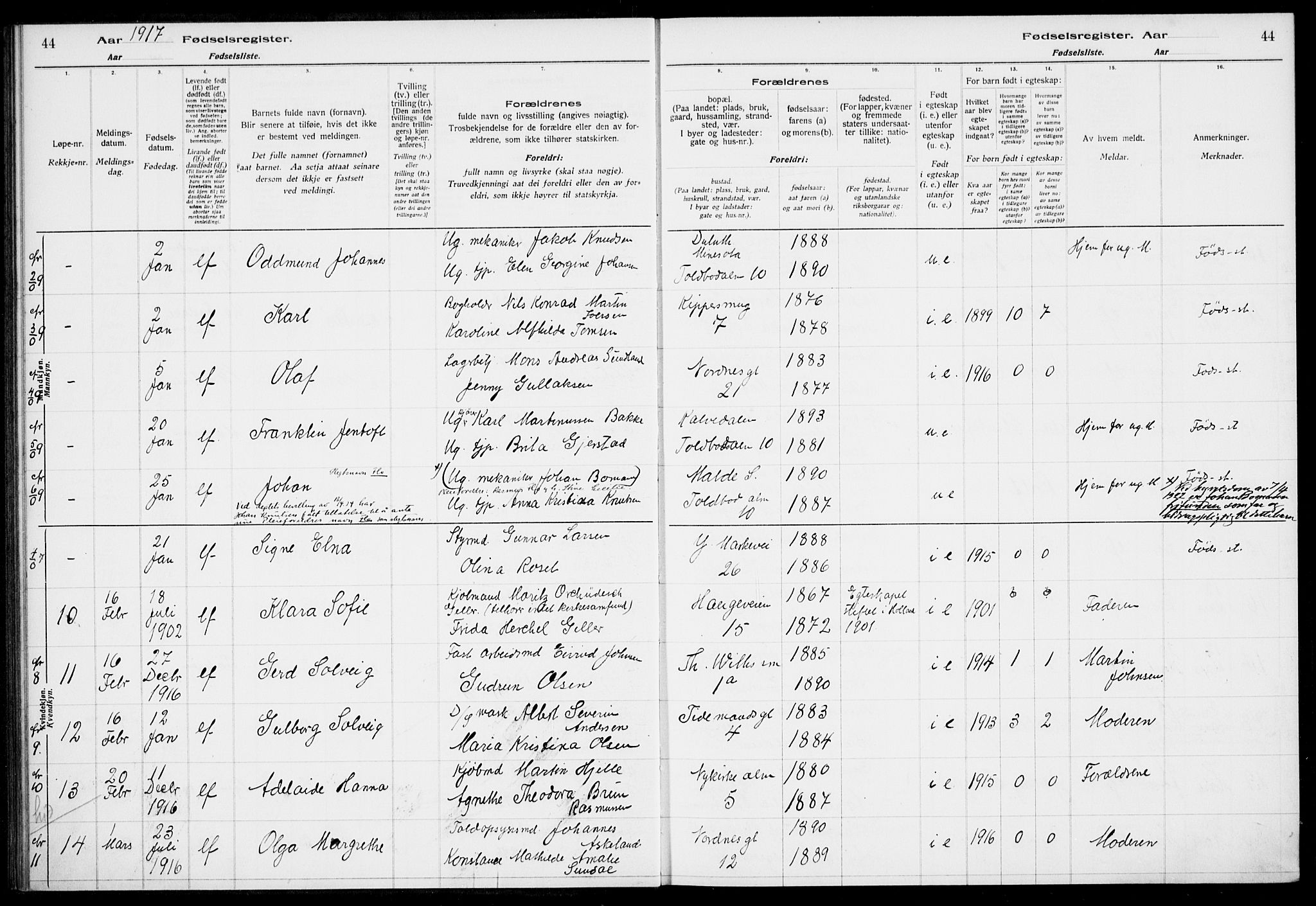 Nykirken Sokneprestembete, AV/SAB-A-77101/I/Id/L00A1: Birth register no. A 1, 1916-1922, p. 44