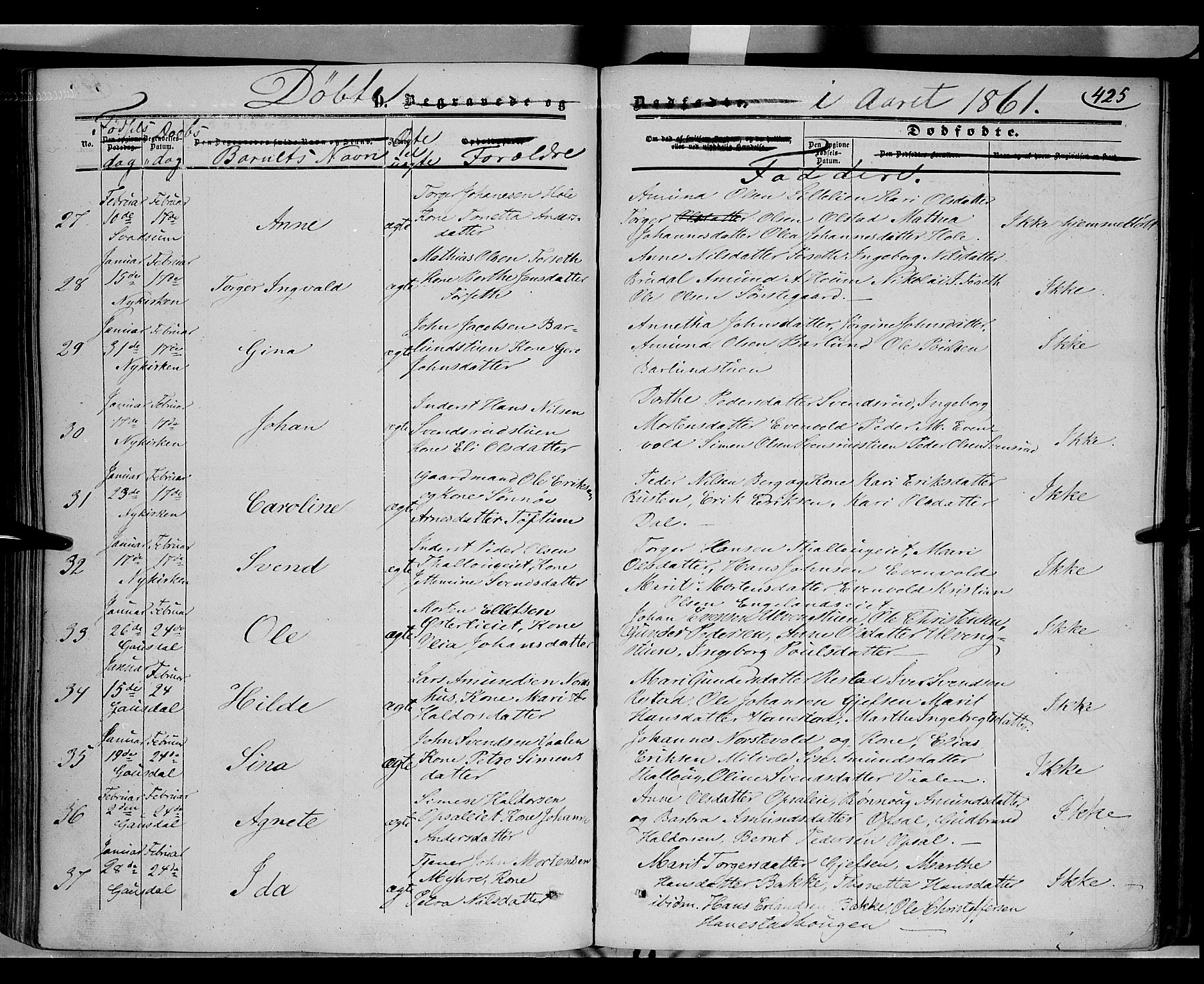 Gausdal prestekontor, SAH/PREST-090/H/Ha/Haa/L0008: Parish register (official) no. 8, 1850-1861, p. 425