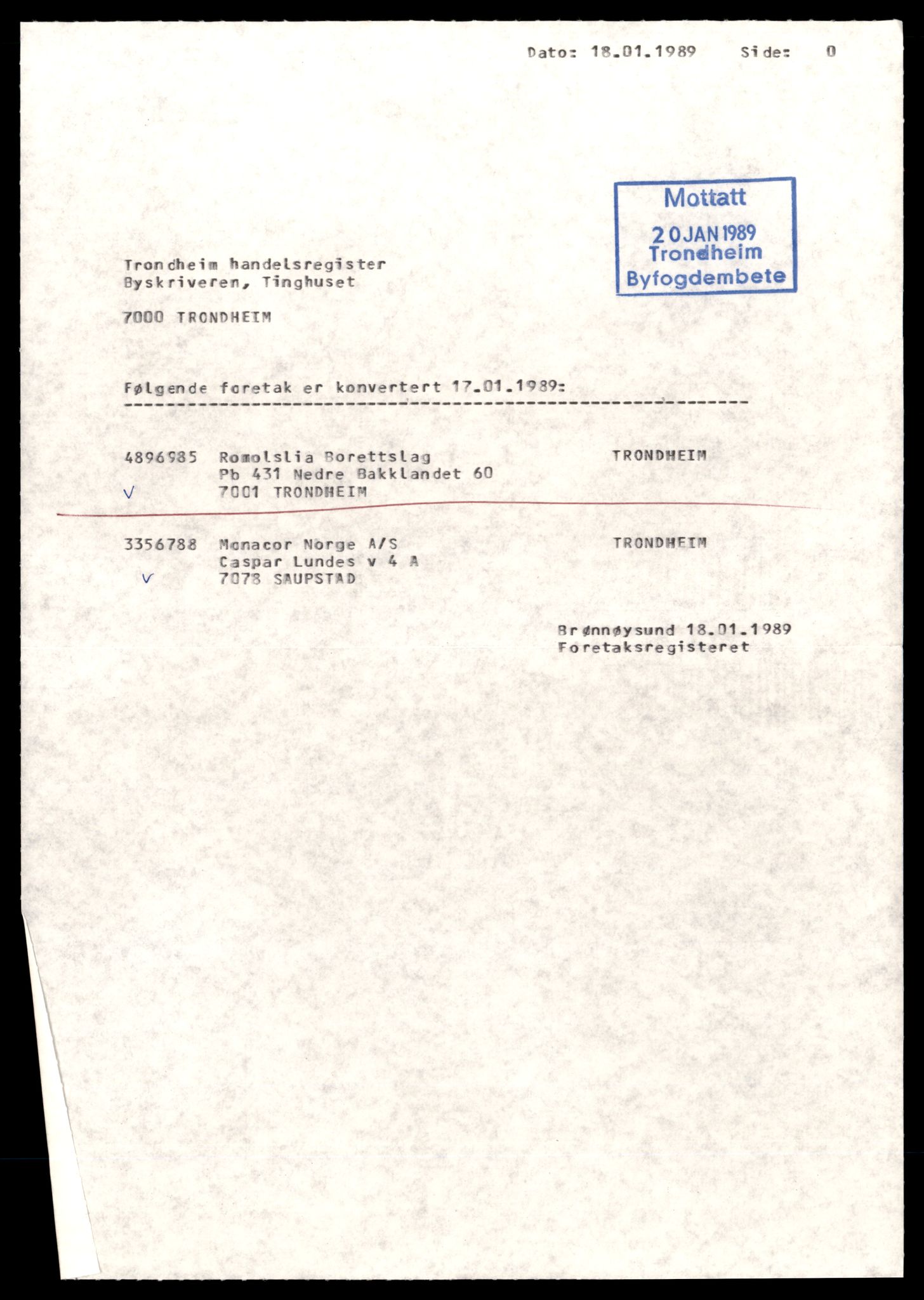 Trondheim byfogd, AV/SAT-A-0003/2/J/Jd/Jdd/L0070: Borettslag, Rom-Tor, 1944-1990, p. 1