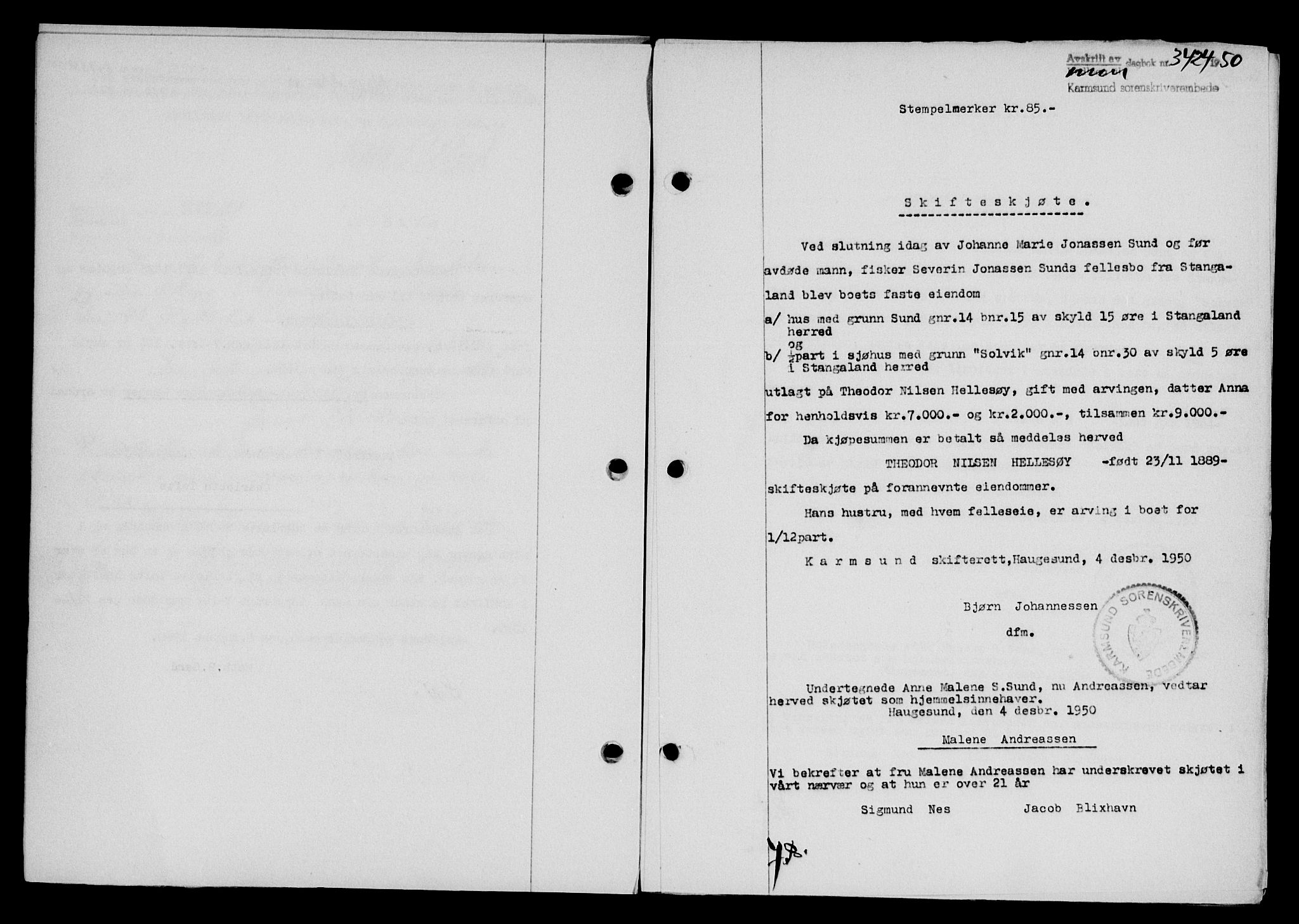 Karmsund sorenskriveri, SAST/A-100311/01/II/IIB/L0101: Mortgage book no. 81A, 1950-1951, Diary no: : 3424/1950