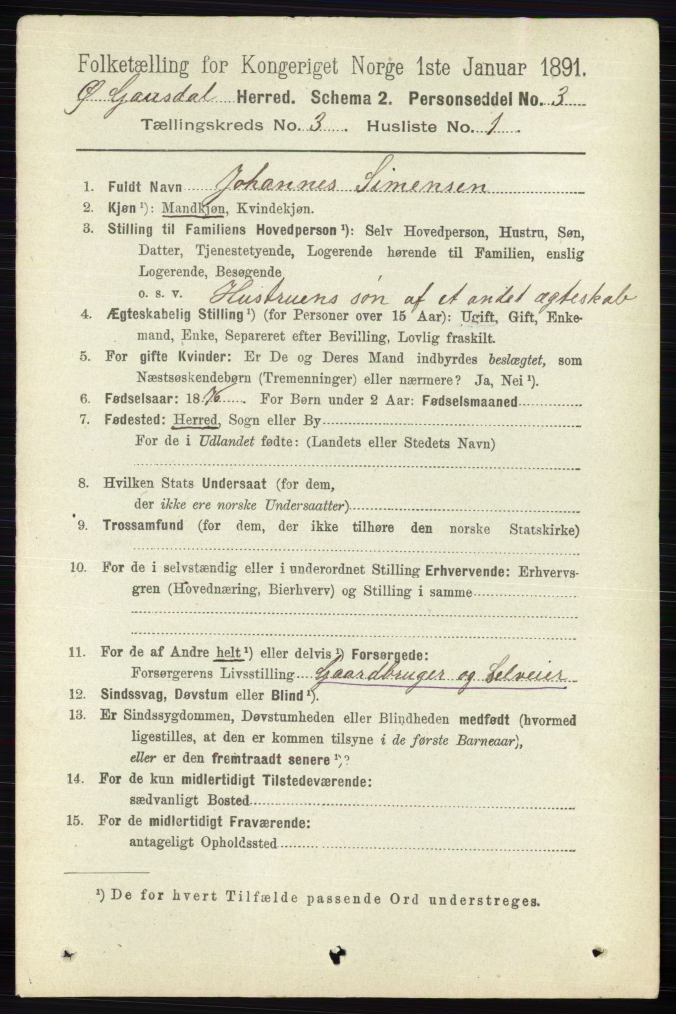 RA, 1891 census for 0522 Østre Gausdal, 1891, p. 1706