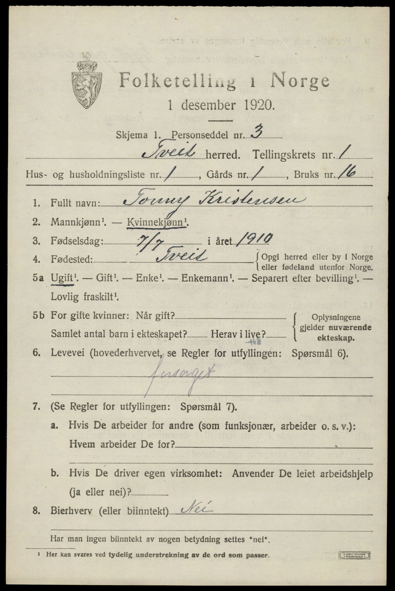 SAK, 1920 census for Tveit, 1920, p. 752